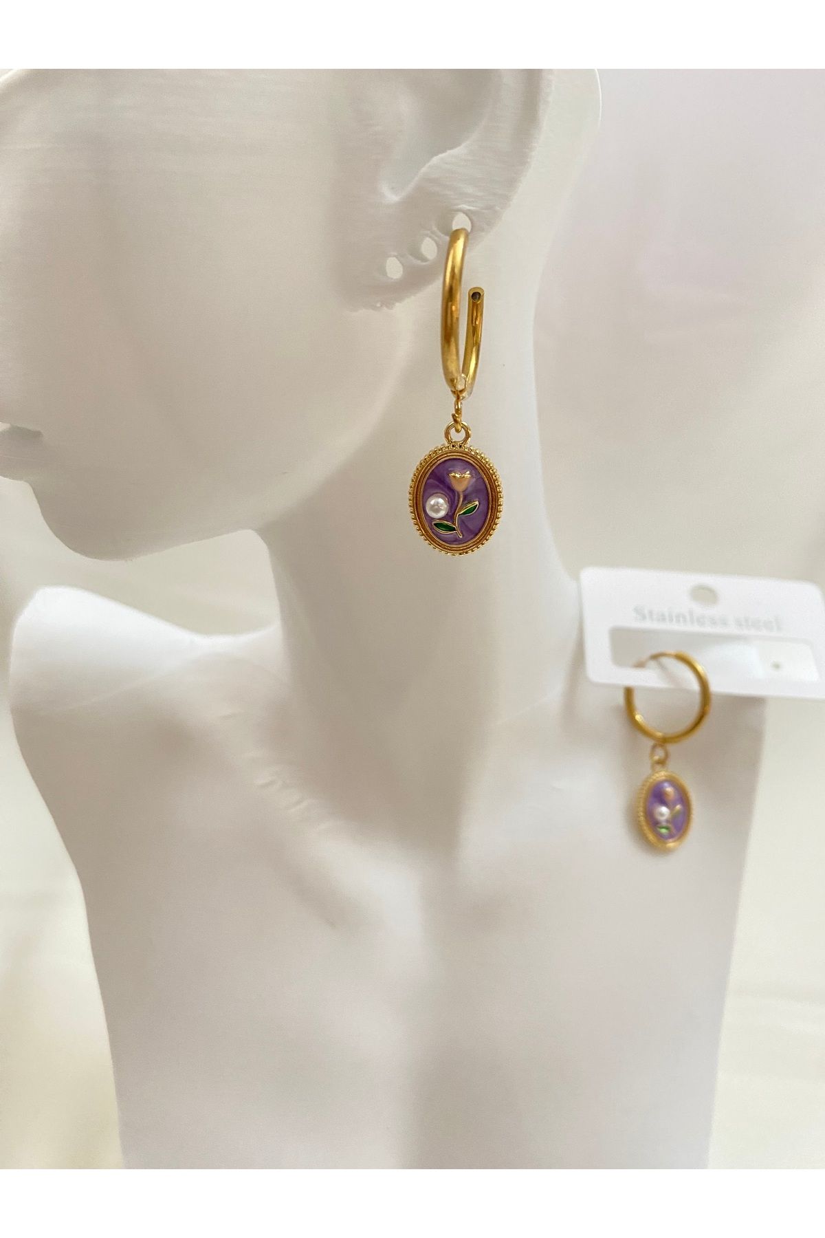 asem jewelry MOR ÇİÇEKLİ İNCİ DETAYLI VİNTAGE ÇELİK KÜPE