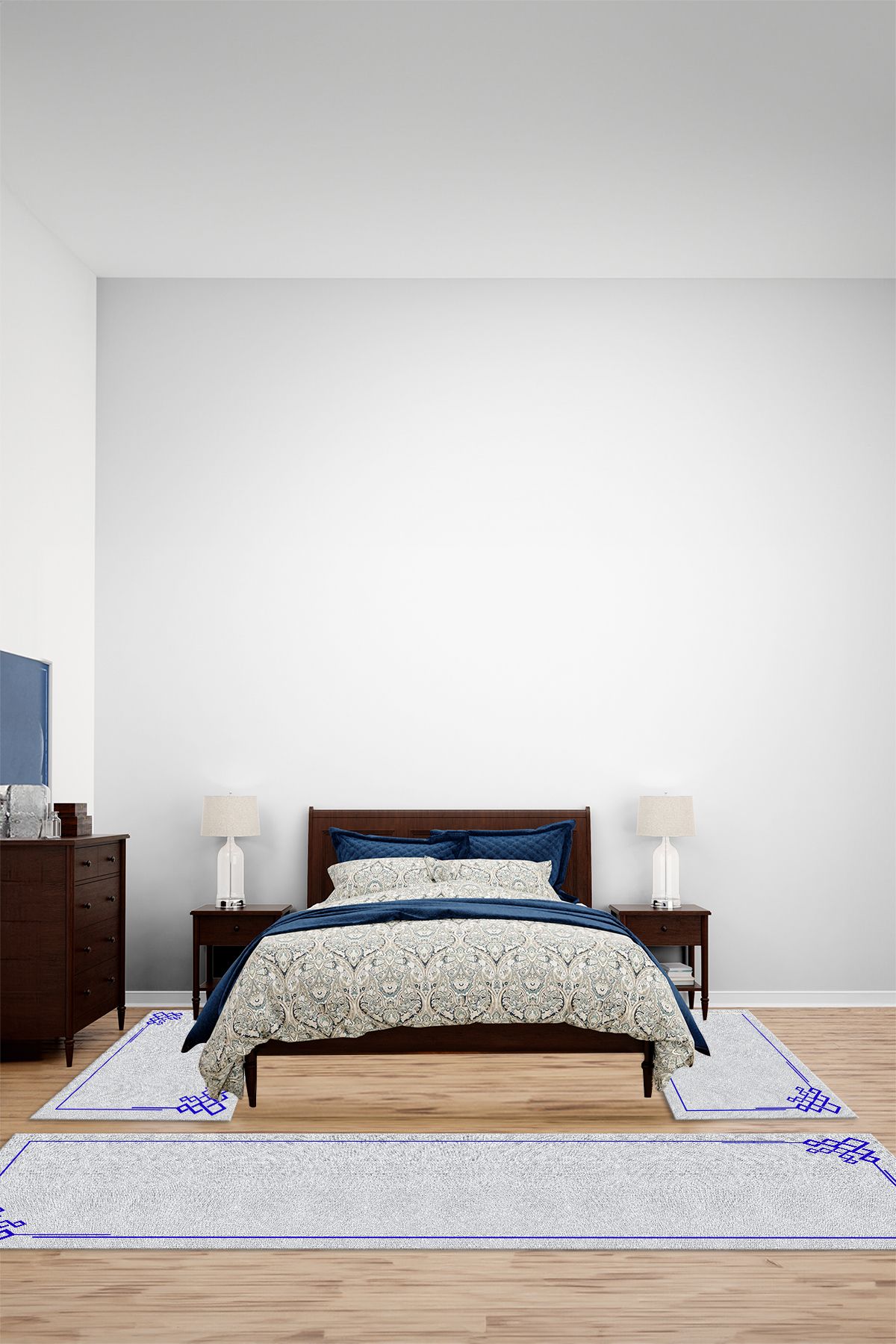 Viyana Home Dijital Kaymaz Yıkanabilir Çerçeveli Klasik Üçlü Yatak Odası Takım Halısı,YO-ÇERÇEVELİ-152-LACİVERT,