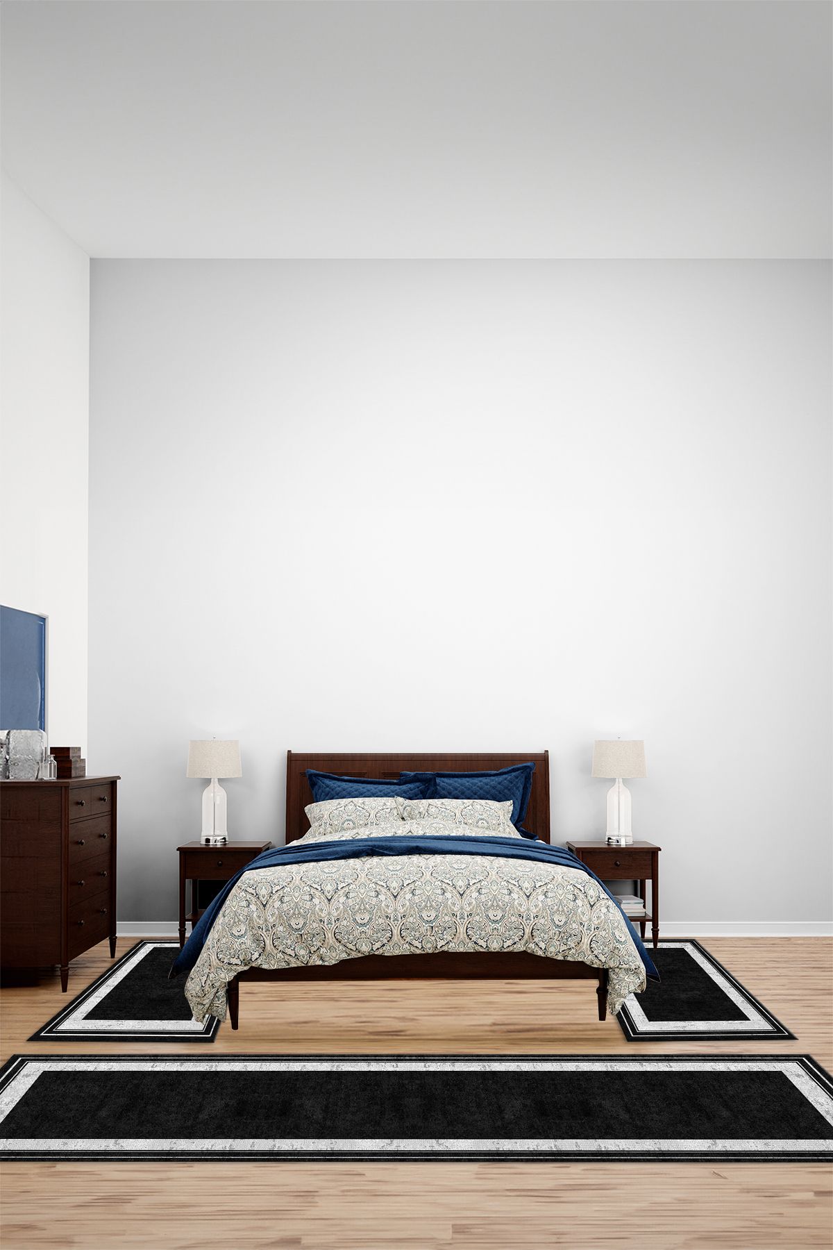 Viyana Home Dijital Kaymaz Yıkanabilir Çerçeveli Sade Üçlü Yatak Odası Takım Halısı, YO-ÇERÇEVELİ-134-SİYAH,