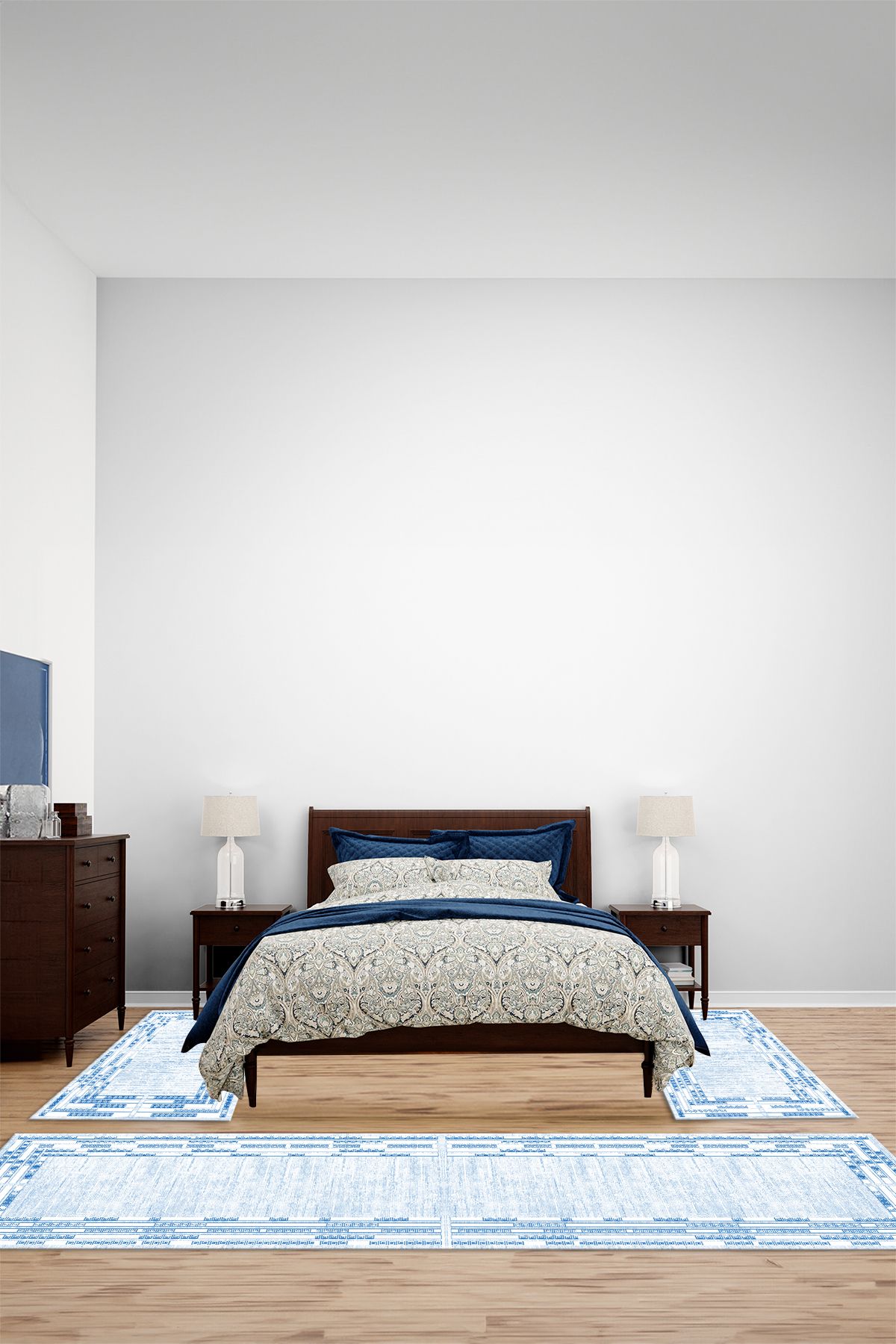 Viyana Home Dijital Kaymaz Yıkanabilir Çerçeveli Üçlü Yatak Odası Takım Halısı, YO-ÇERÇEVELİ-156-MAVİ,