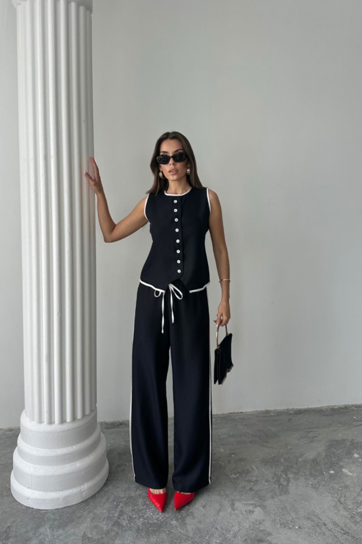D&M Life Collection KETEN KENARLARI BİYELİ YELEK - PANTOLON TAKIM - Siyah - M