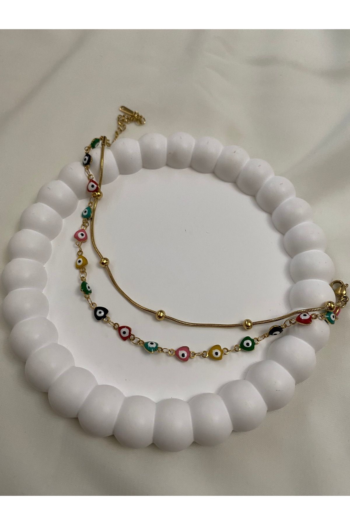 asem jewelry RENKLİ NAZAR BONCUK DETAYLI GOLD RENK ÇİFT ZİNCİR ÇELİK HALHAL