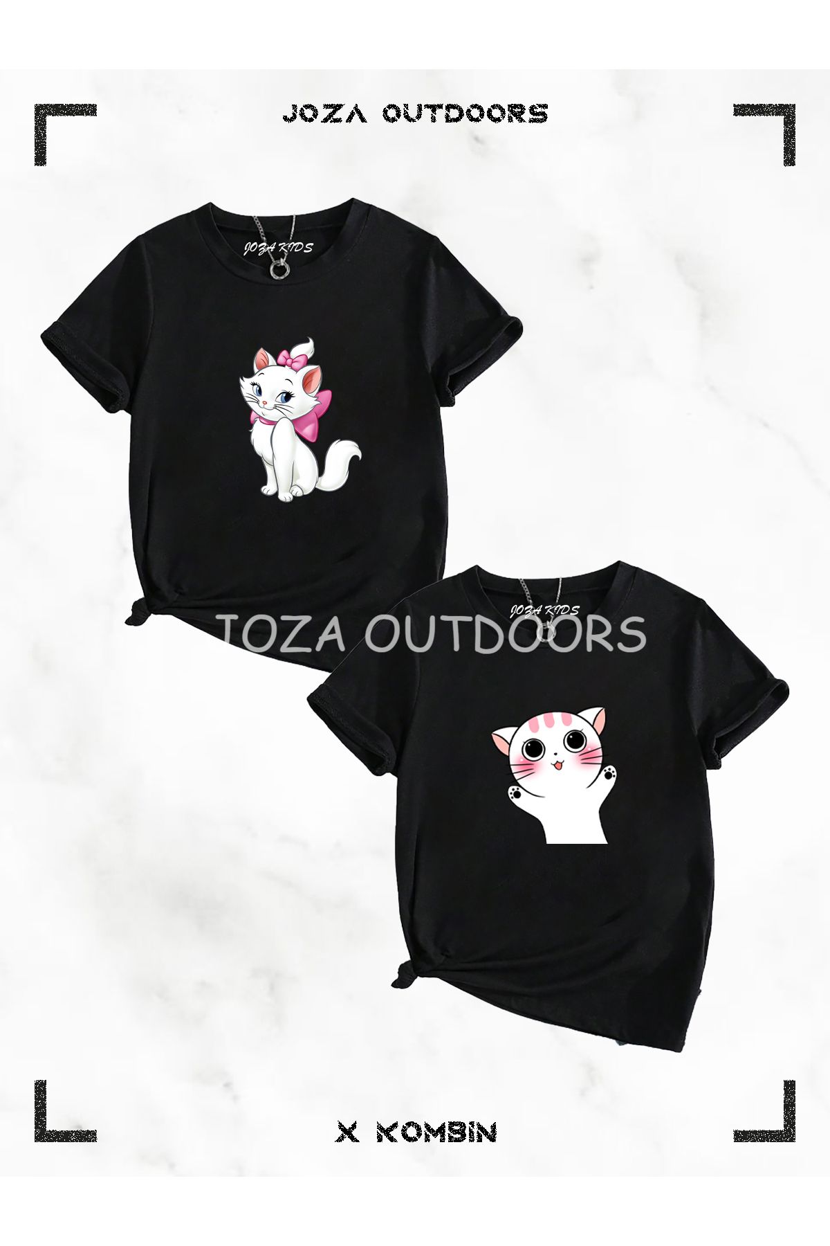 Joza Outdoors Kız Kedi Baskılı Çocuk 2'li Siyah Beyaz T-shirt Set Takım