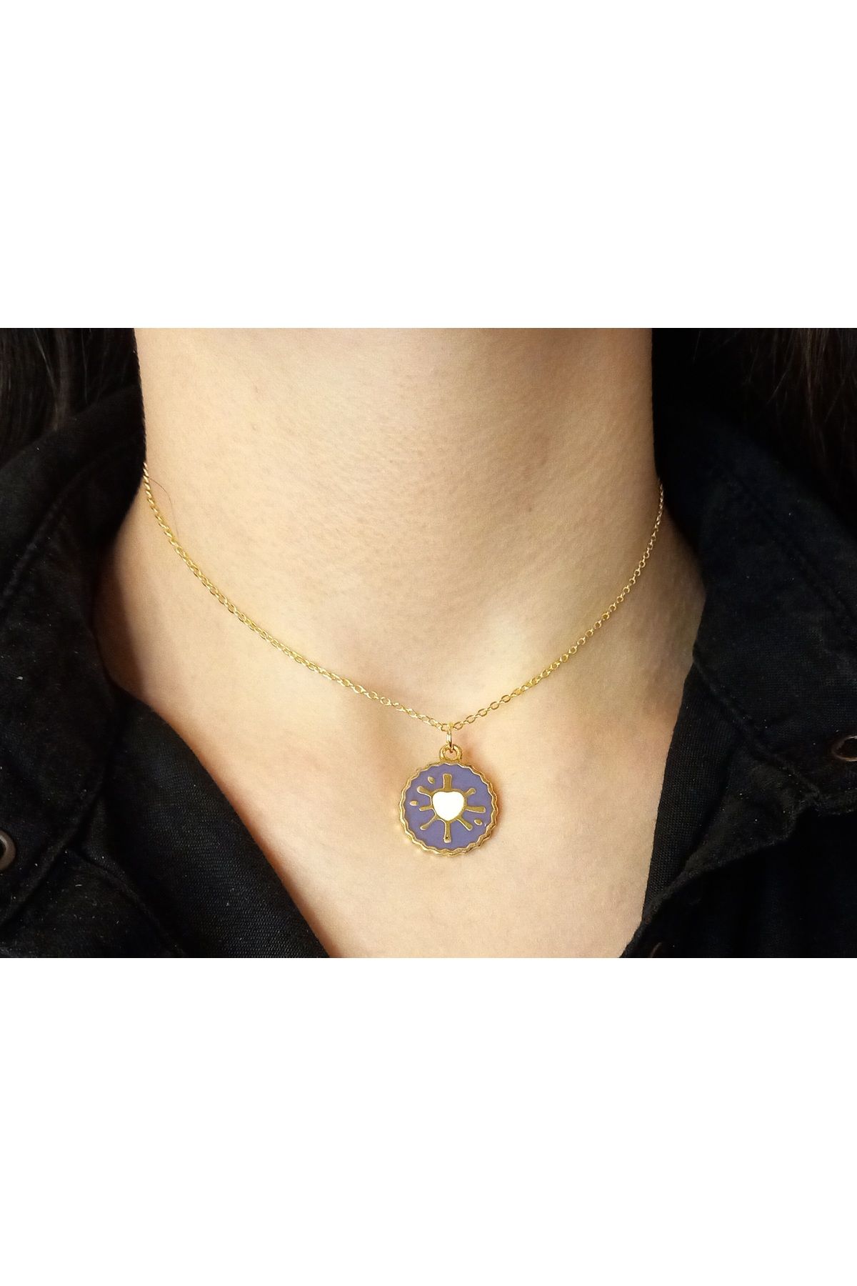 Crystal Atelier Mor Kalp Güneş Figürlü Altın Kaplama Çelik Kadın Kolye-Gold Minimal Zincir Detay Çelik Kalp Kolye