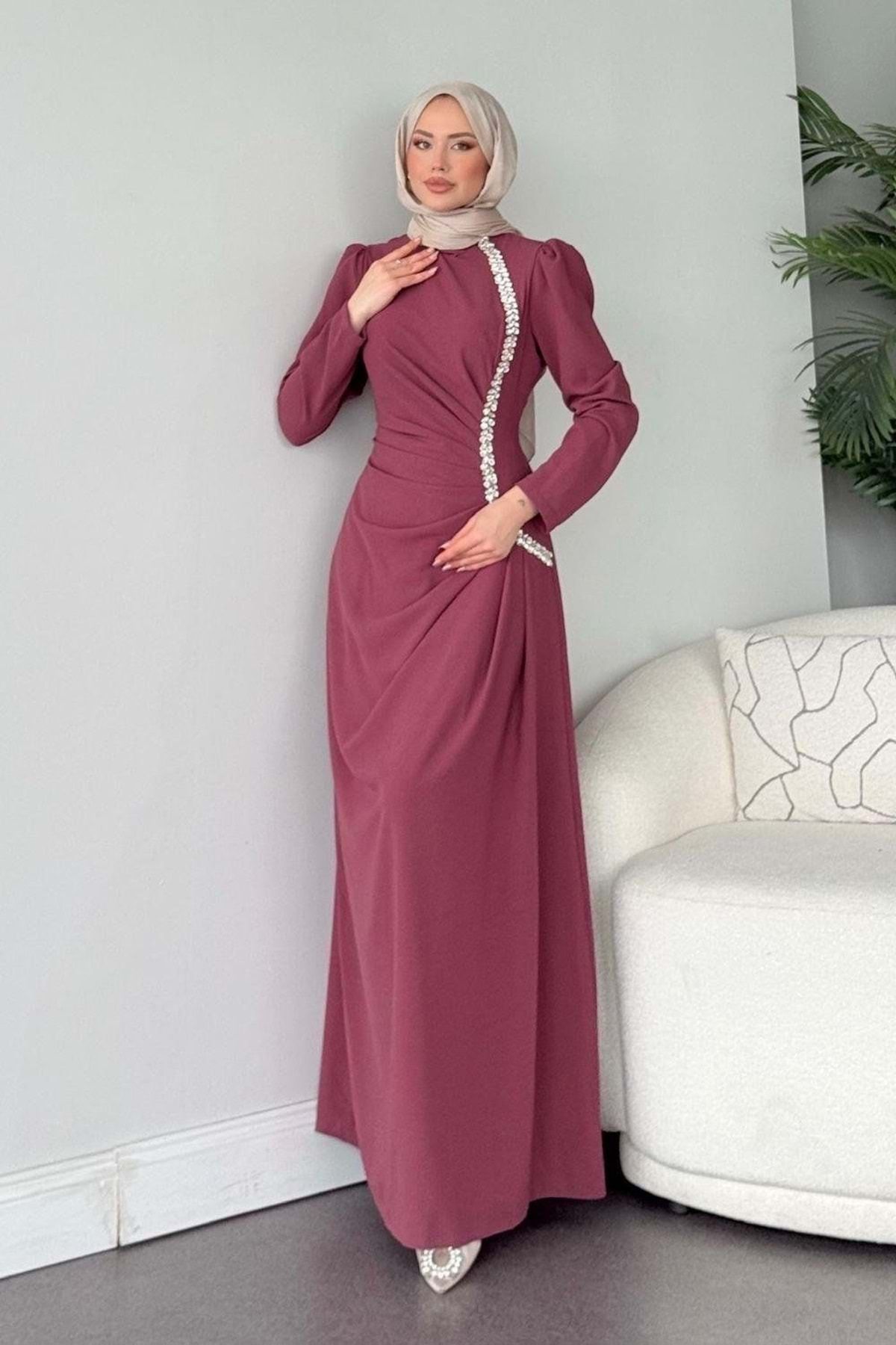 Hennin 25Y5071 HENNİN ABİYE ELBİSE KREP KUMAŞ BALIK MODEL GÜL KURUSU