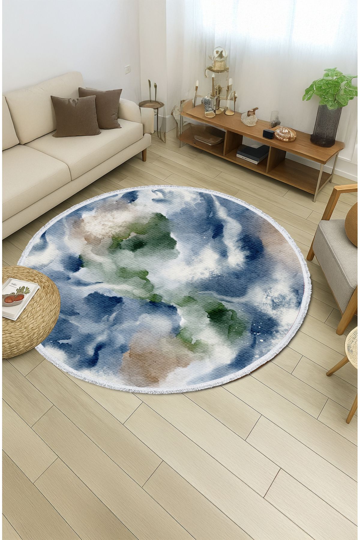 TNYLOF Mavi Yeşil Soyut Desenli Yuvarlak Halı – Su Renk Etkili Modern Tasarım | 60x60 – 180x180 cm