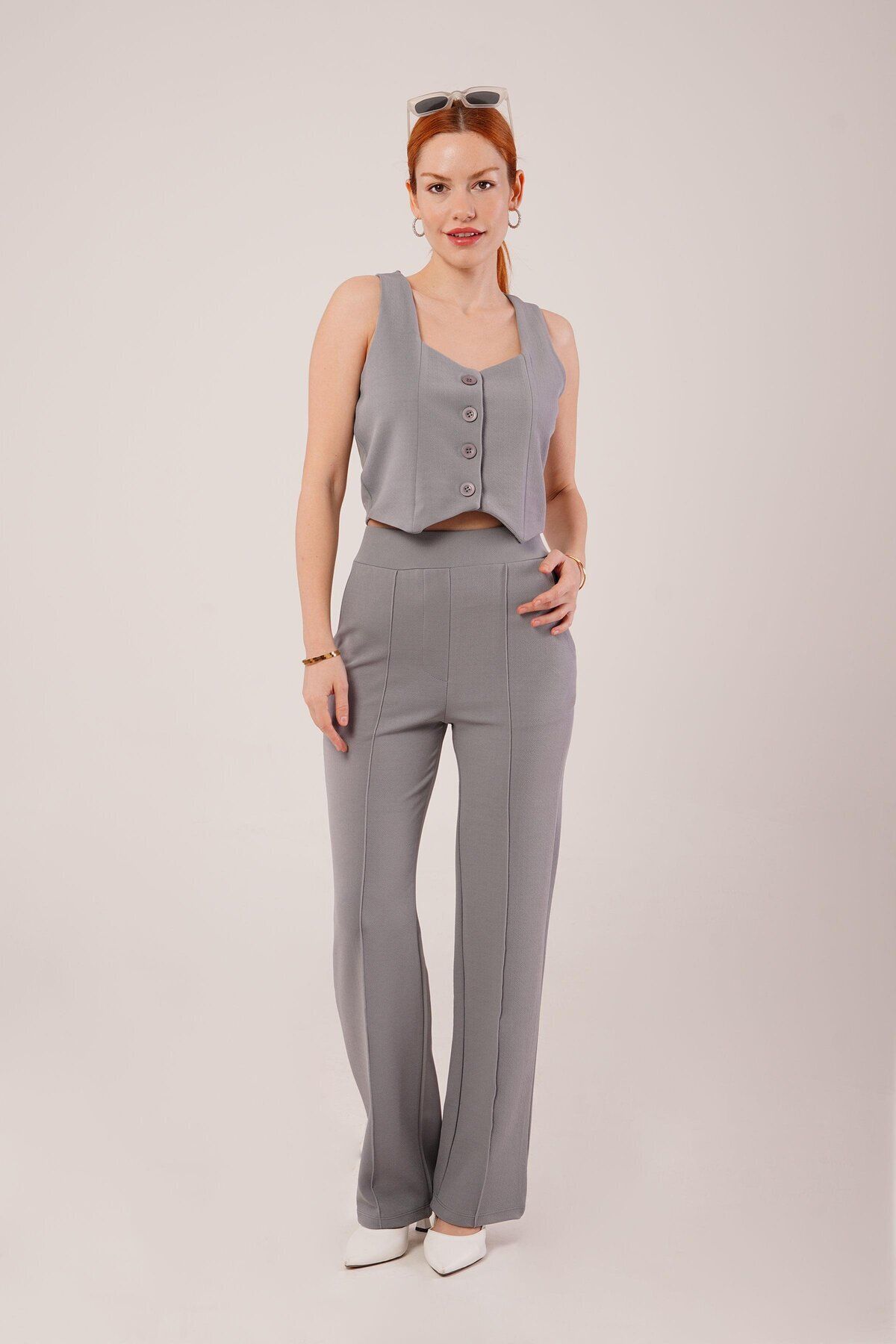 D&M Life Collection Kalın Askılı Düğmeli Yelek Ve Pantolon Gri Takım - L - Gri