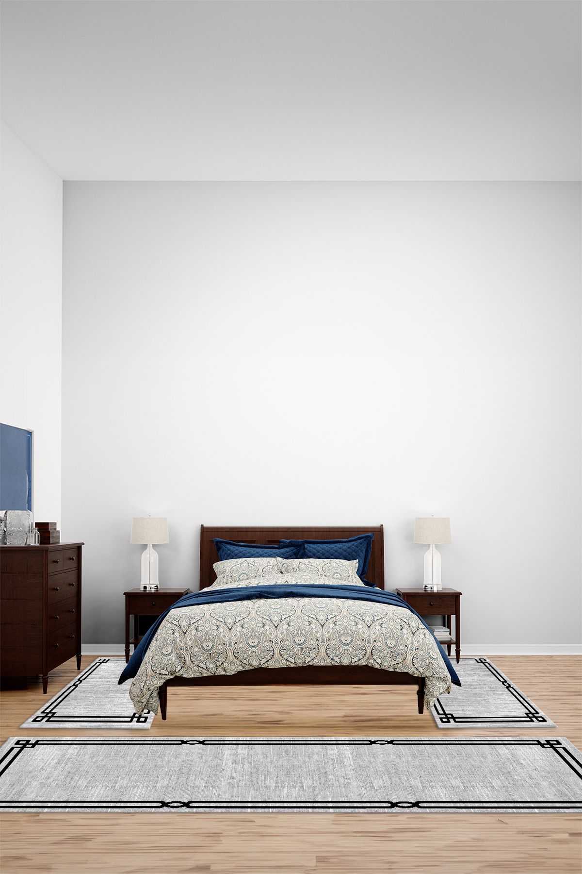 Viyana Home Dijital Kaymaz Yıkanabilir Çerçeveli Çizgi Üçlü Yatak Odası Takım Halısı, YO-ÇERÇEVELİ-153-GRİ,