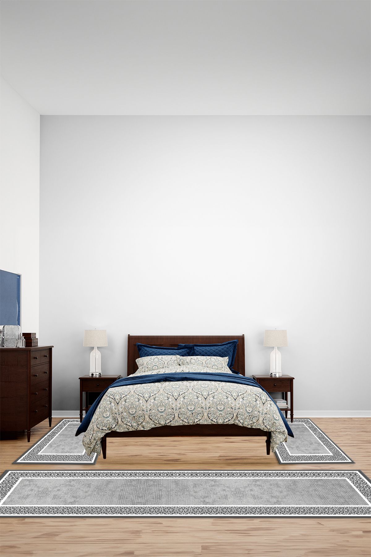 Viyana Home Dijital Kaymaz Yıkanabilir Çerçeveli Kenar Üçlü Yatak Odası Takım Halısı, YO-ÇERÇEVELİ-184-GRİ,