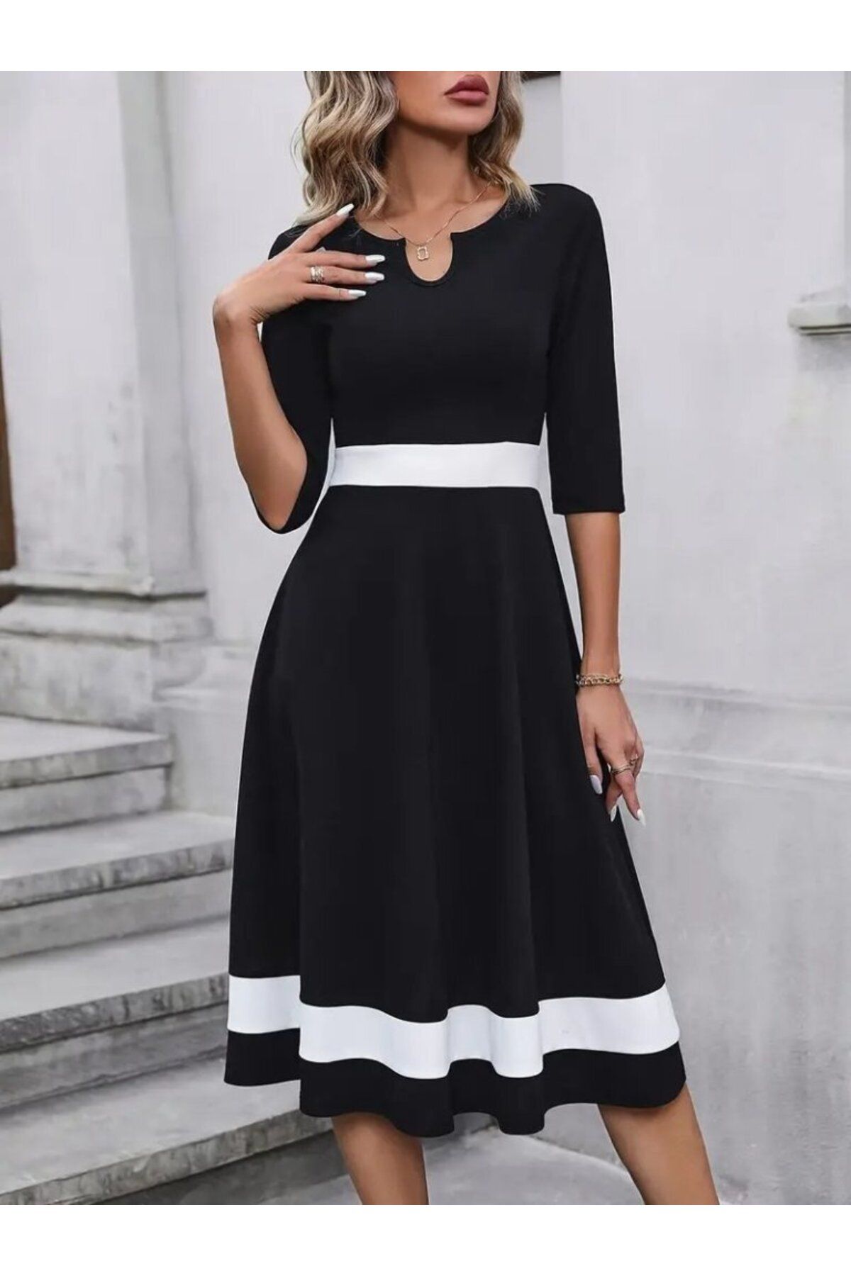 D&M Life Collection Kadın Fakir Kol Yakası Açık Blok Renkli Krep Midi Elbise - L-XL - Siyah