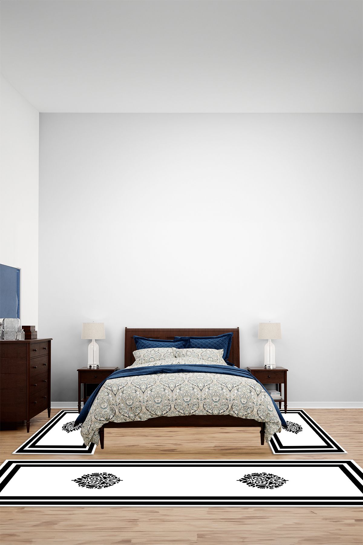 Viyana Home Dijital Kaymaz Yıkanabilir Çerçeveli Üçlü Yatak Odası Takım Halısı, YO-ÇERÇEVELİ-160-BEYAZ,