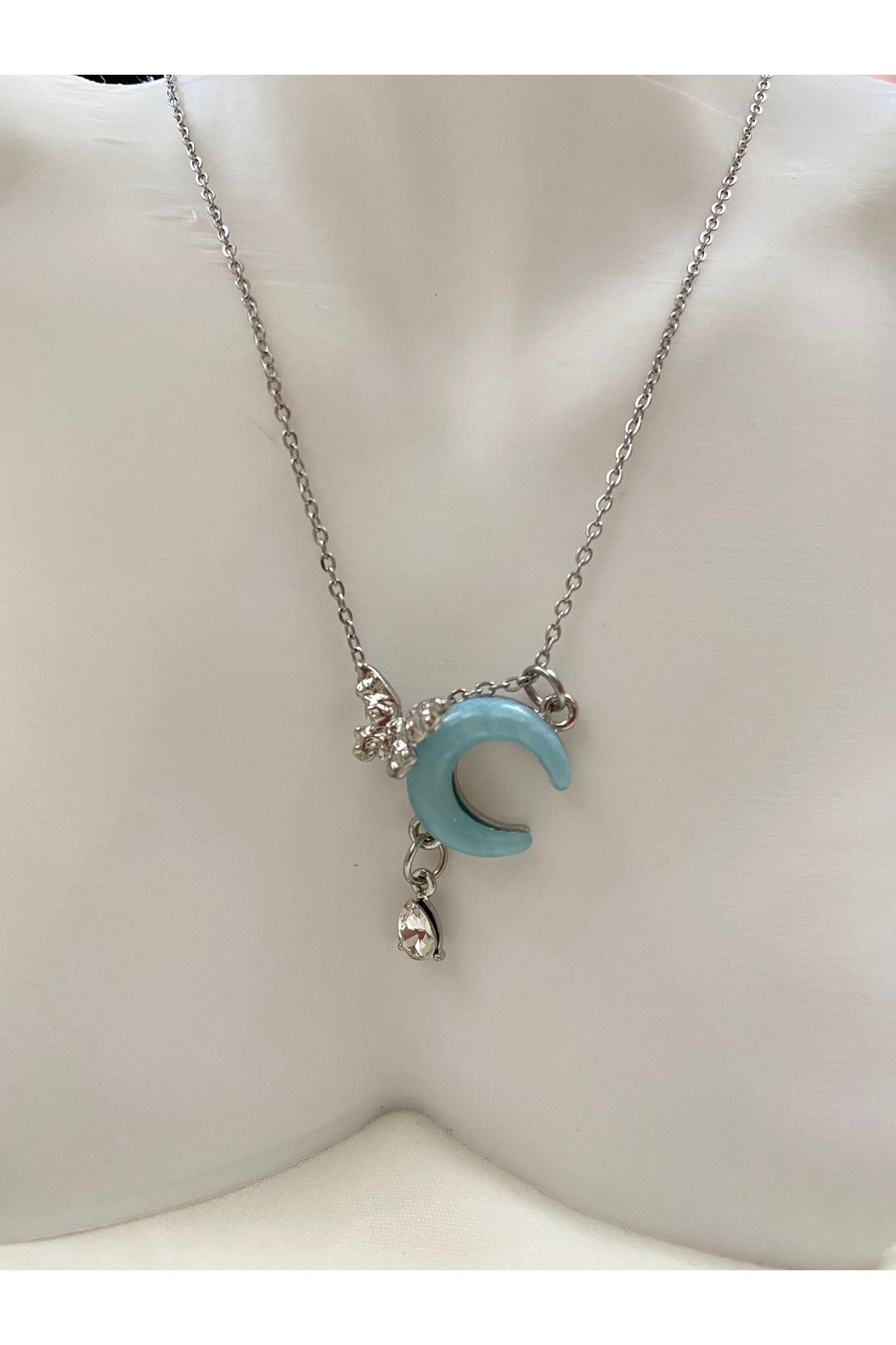 asem jewelry AY VE KELEBEK FİGÜRLÜ ÇELİK KOLYE