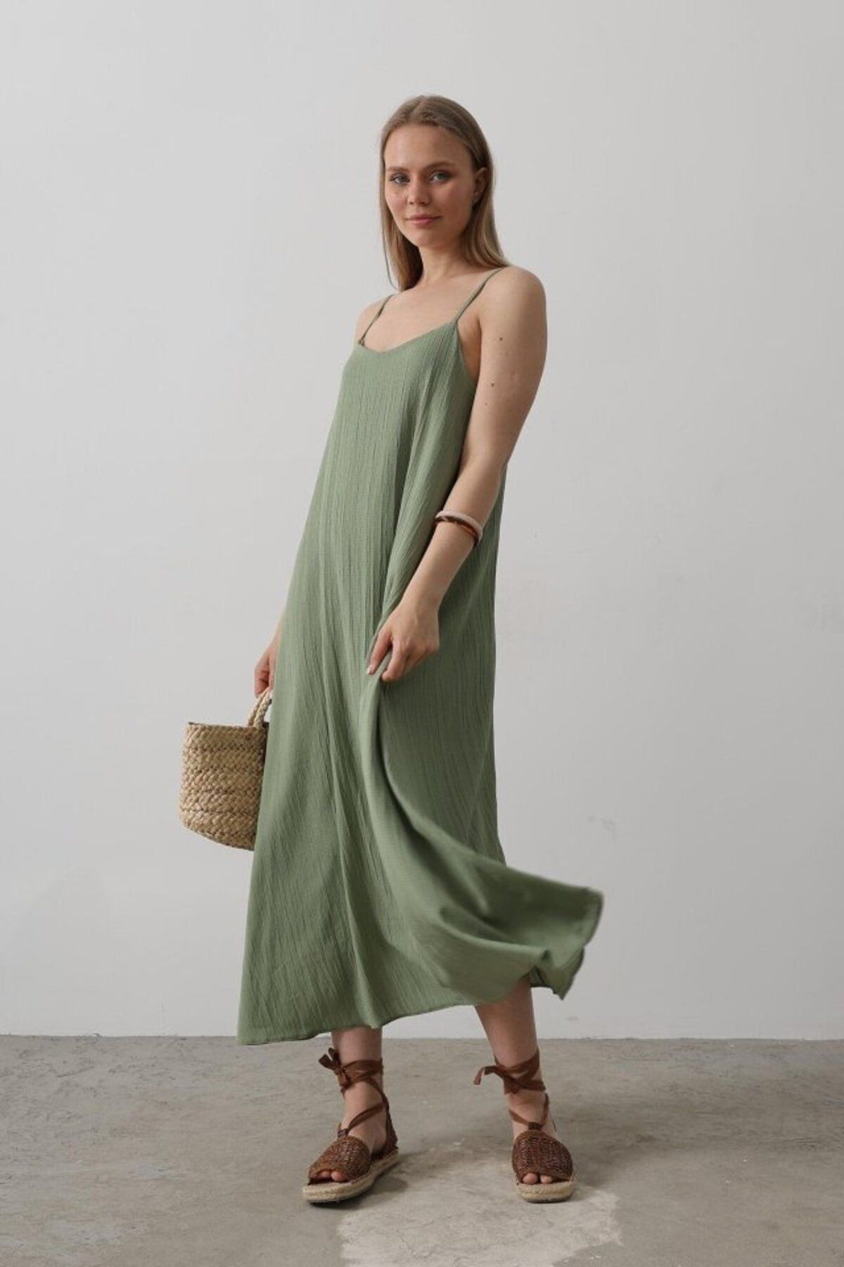 D&M Life Collection Askılı Uzun Çan Elbise - Haki - L