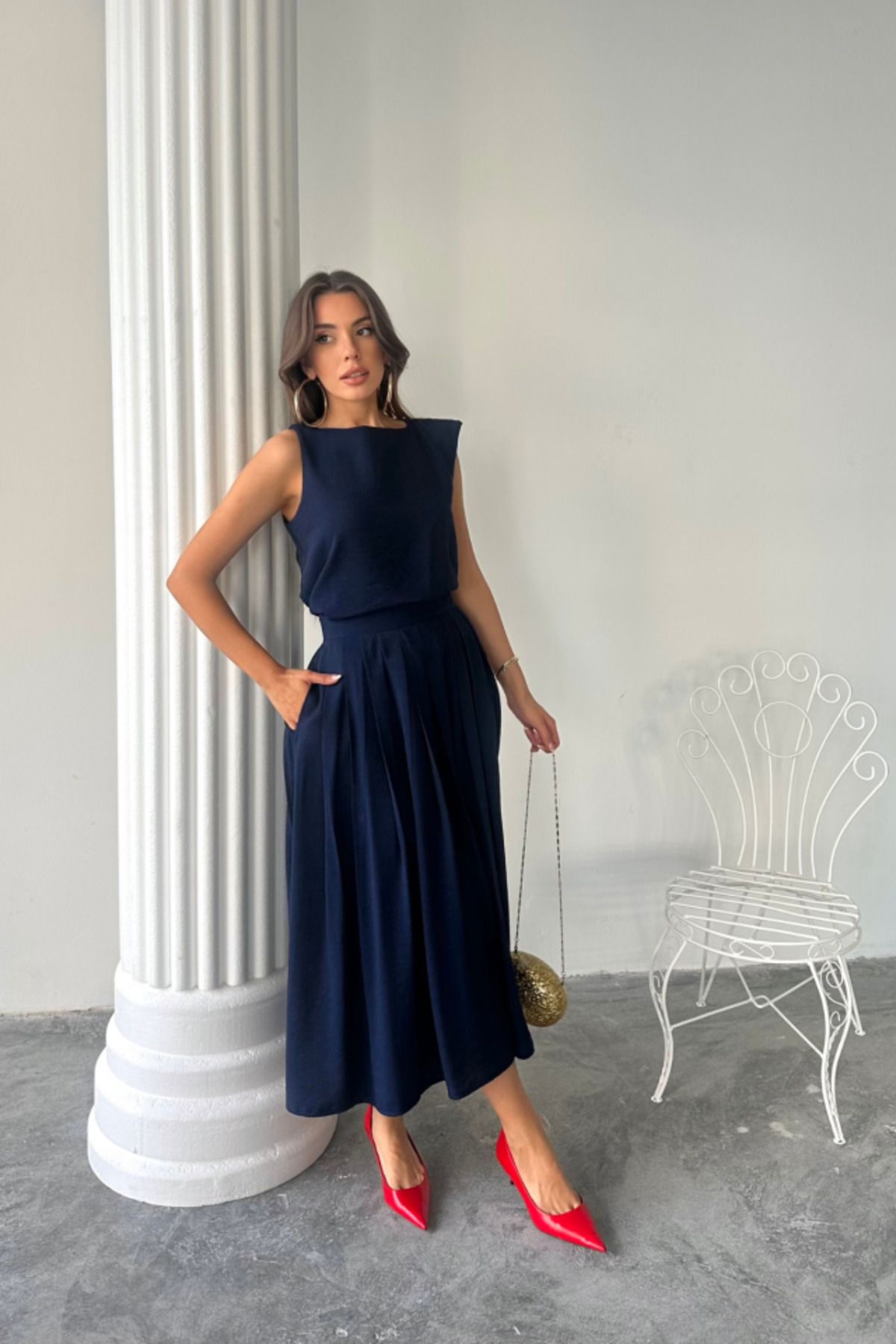 D&M Life Collection KETEN KOLSUZ BLUZ - MAXİ ETEK TAKIM - Lacivert