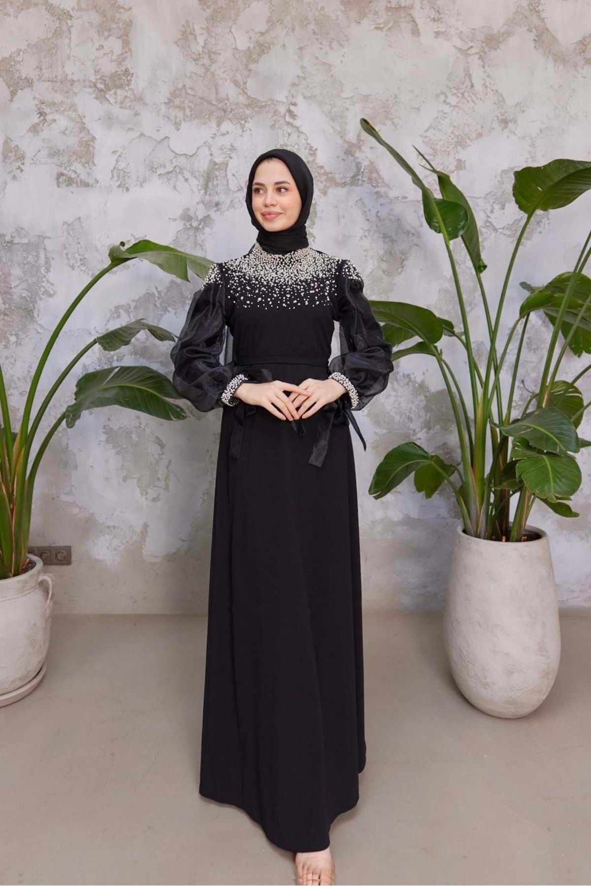 Tane 25Y4635 ELBİSE ABİYE YAKA VE OMUZLARI İNCİLİ KOLLARI ORGANİZE TÜL SİYAH