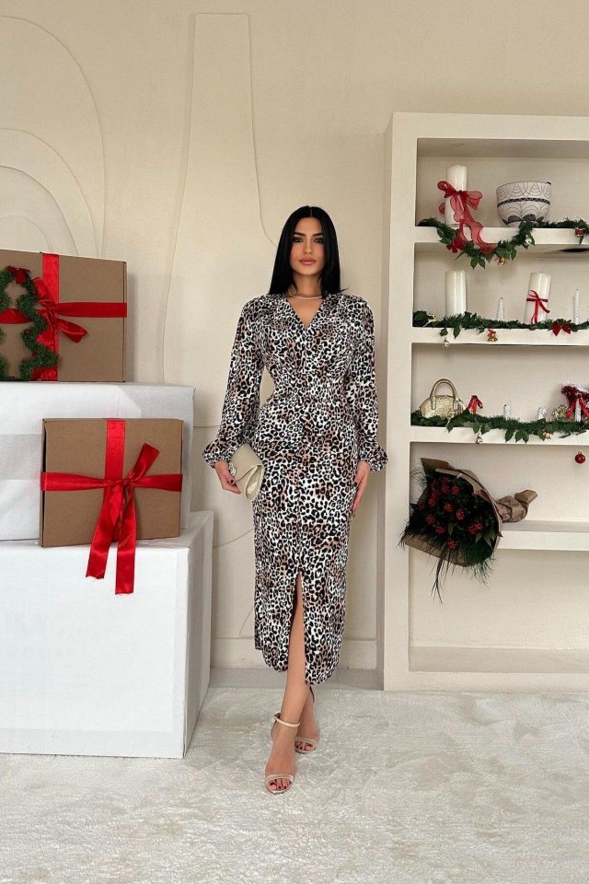 D&M Life Collection Leopar Önü Yırtmaçlı V Yaka Elbise - M - Leopar