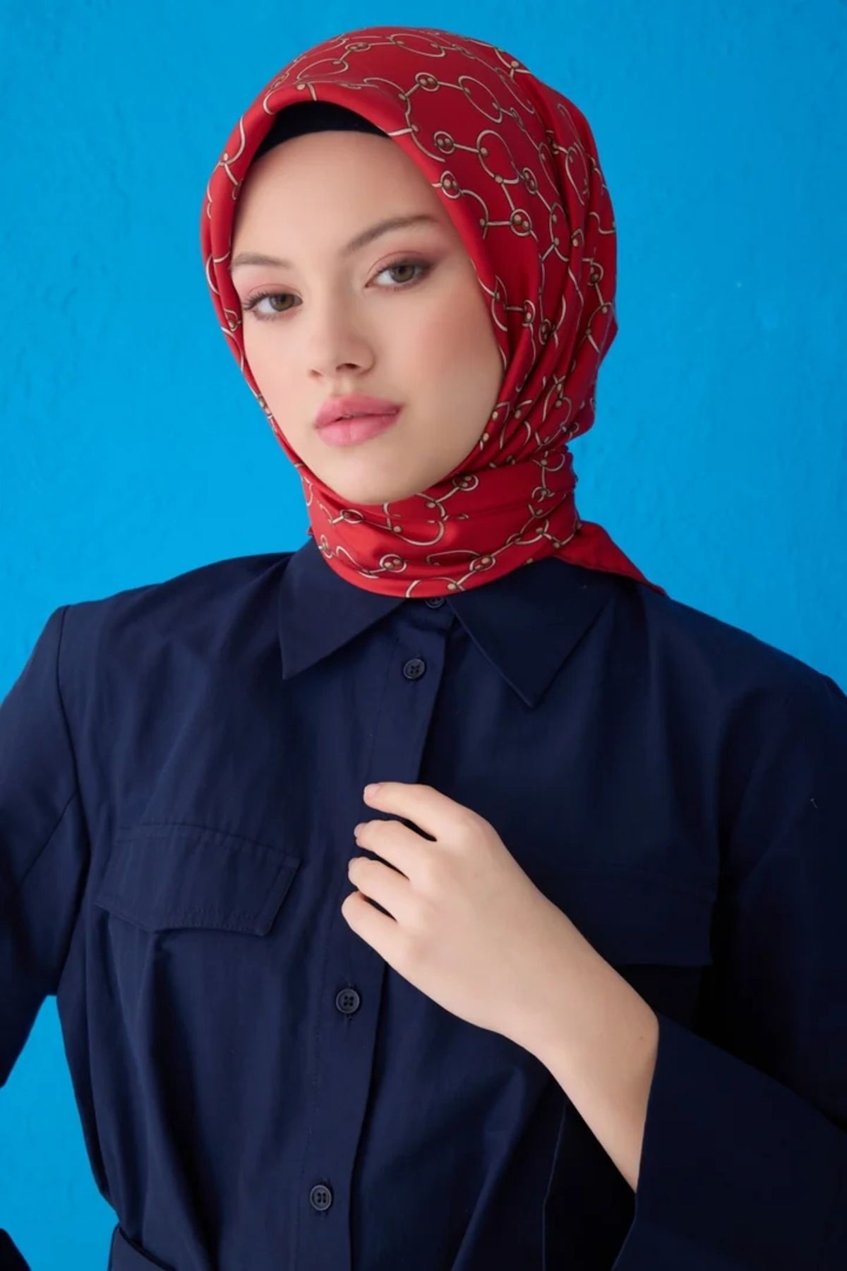 Belli Twill İpek Eşarp 4109D Zincir Desen Kırmızı-85