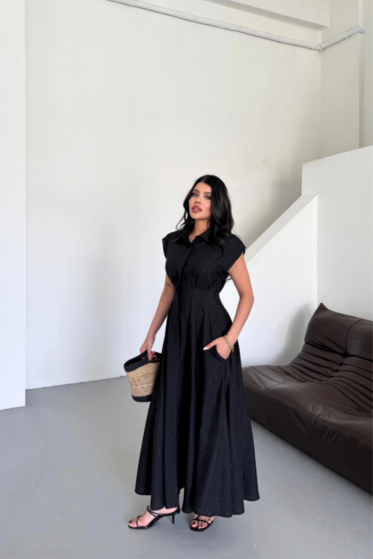 D&M Life Collection JAKARLI KETEN ELBİSE ÖNDEN YIRTMAÇLI CEPLİ - Siyah