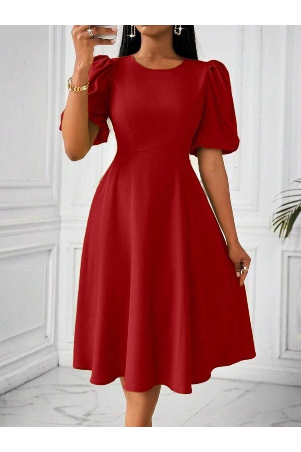 D&M Life Collection Kadın Kısa Balon Kollu Bisiklet Yaka Kiloş Janjan Krep Elbise - S-M - Bordo