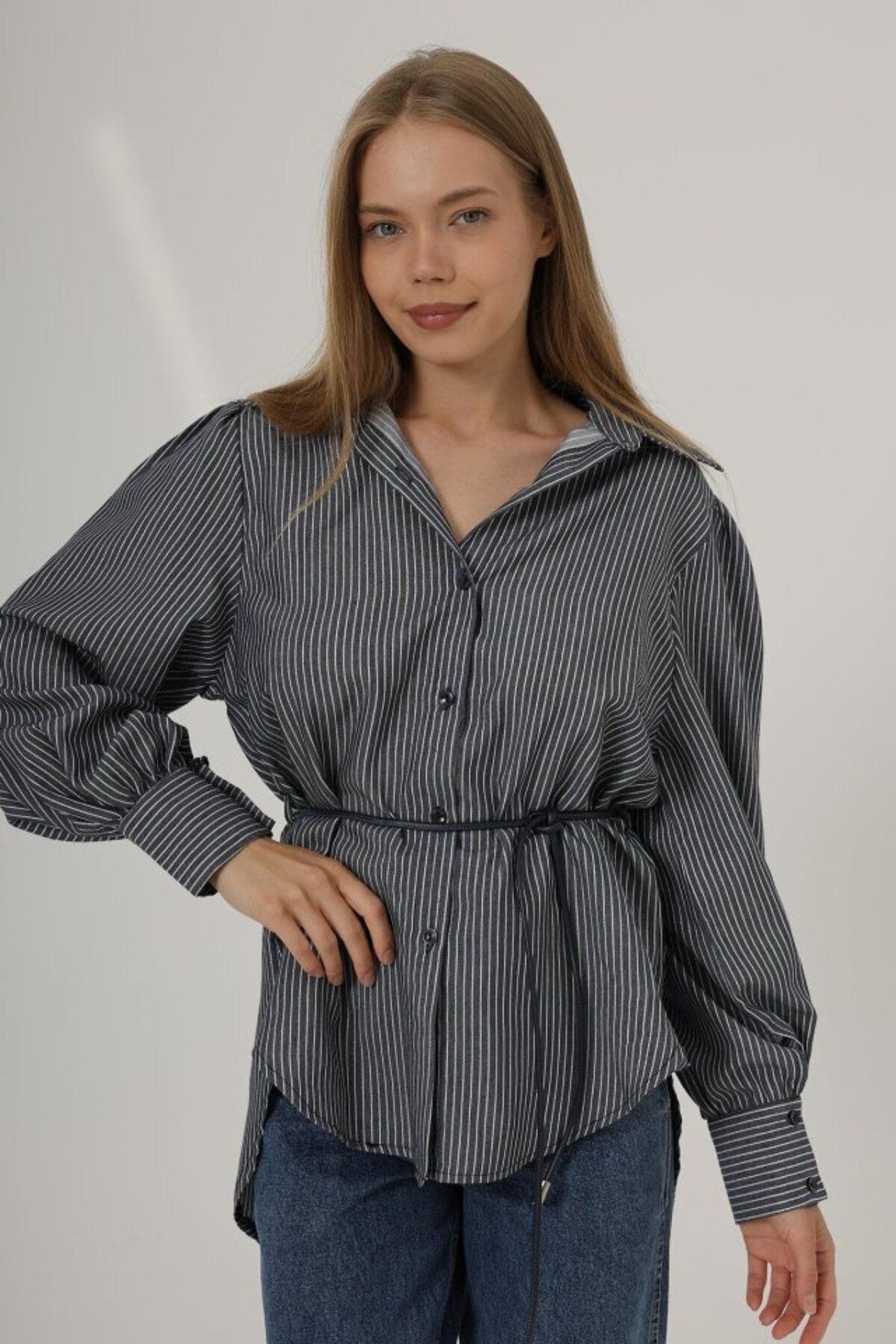 D&M Life Collection Simli Çizgili Kemerli Gömlek - Lacivert - M