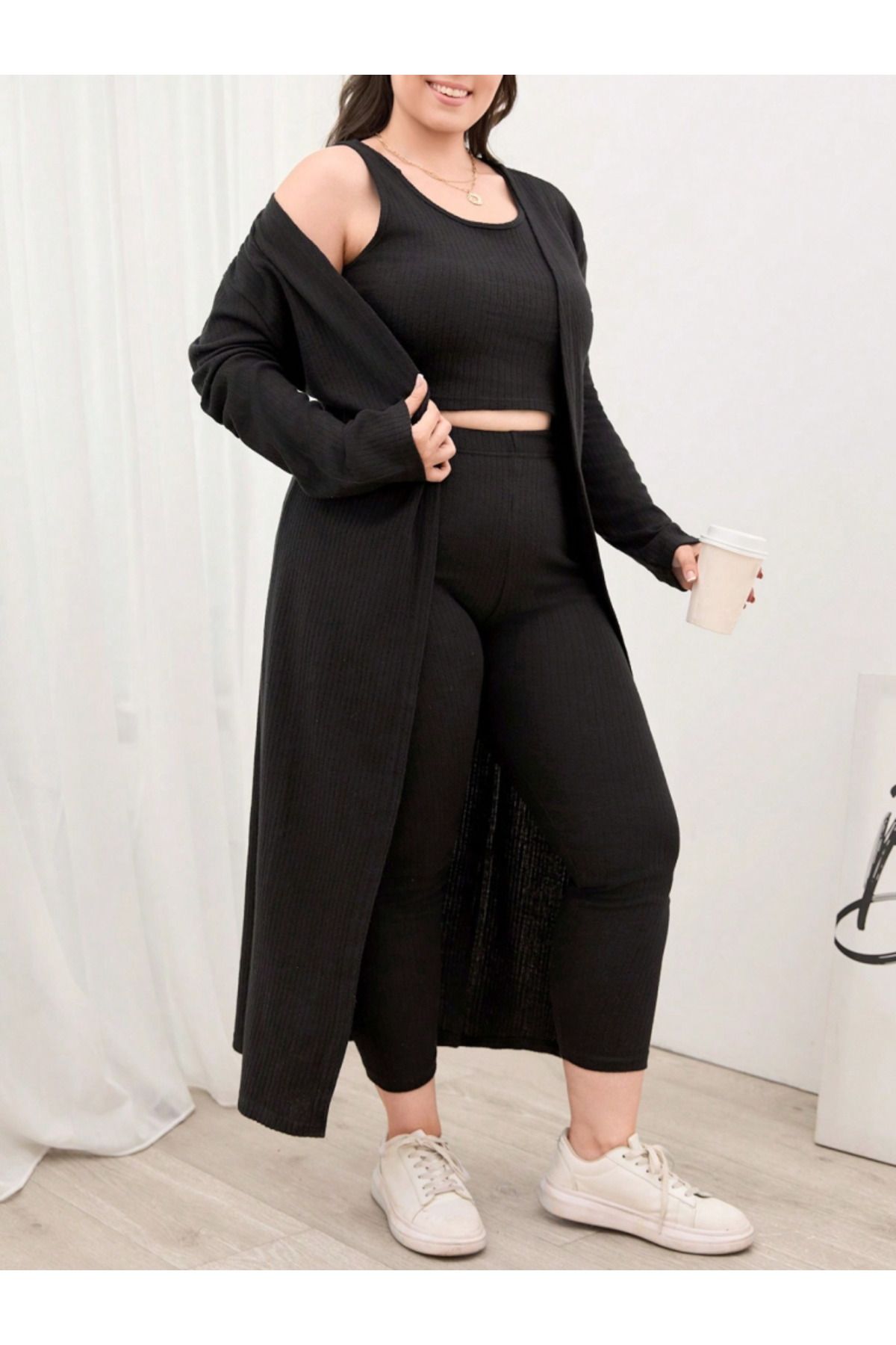 D&M Life Collection Kadın Uzun Kollu Hırka Atlet Ve Eşofman Yün Viskon üçlü Takım - 3XL - Siyah