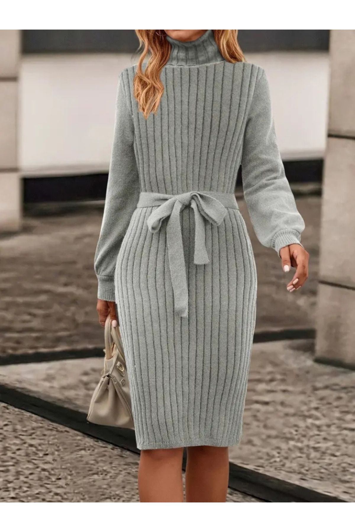 D&M Life Collection Kadın Uzun Kollu Balıkçı Yaka Beli Kuşaklı Mini Triko Elbise
