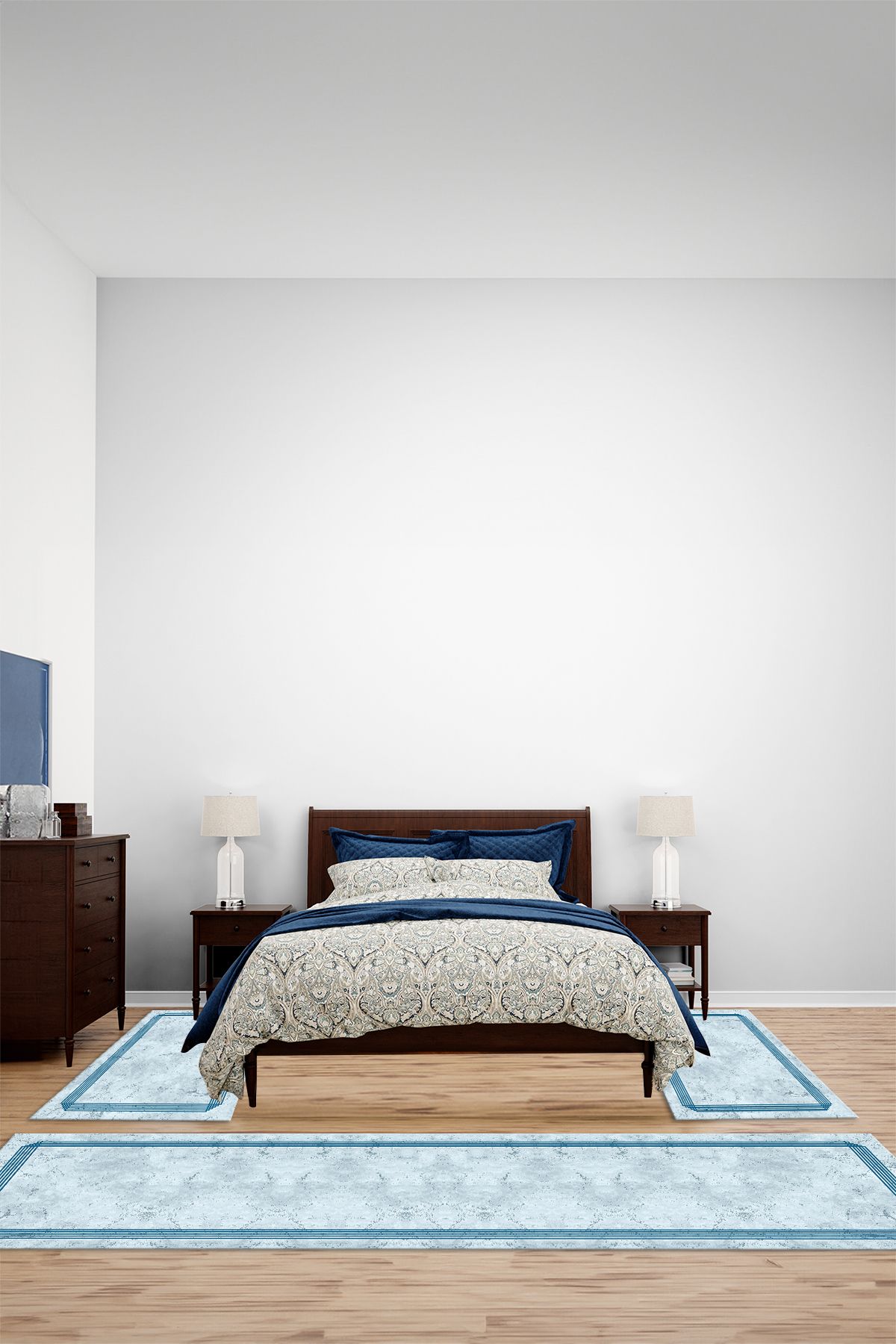 Viyana Home Dijital Kaymaz Yıkanabilir Çerçeveli Çizgili Üçlü Yatak Odası Takım Halısı, YO-ÇERÇEVELİ-148-MAVİ,