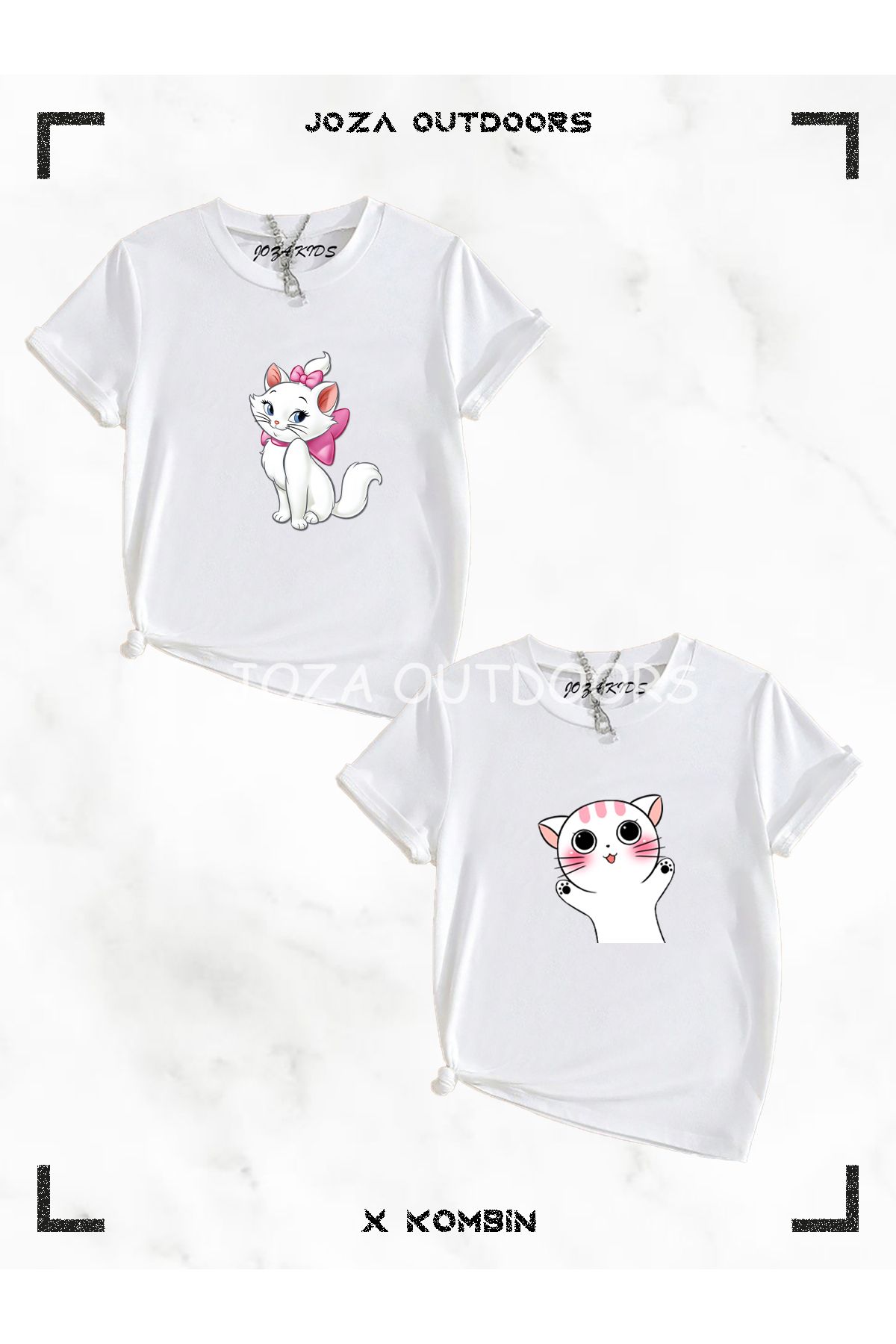 Joza Outdoors Kız Kedi Baskılı Çocuk 2'li Siyah Beyaz T-shirt Set Takım