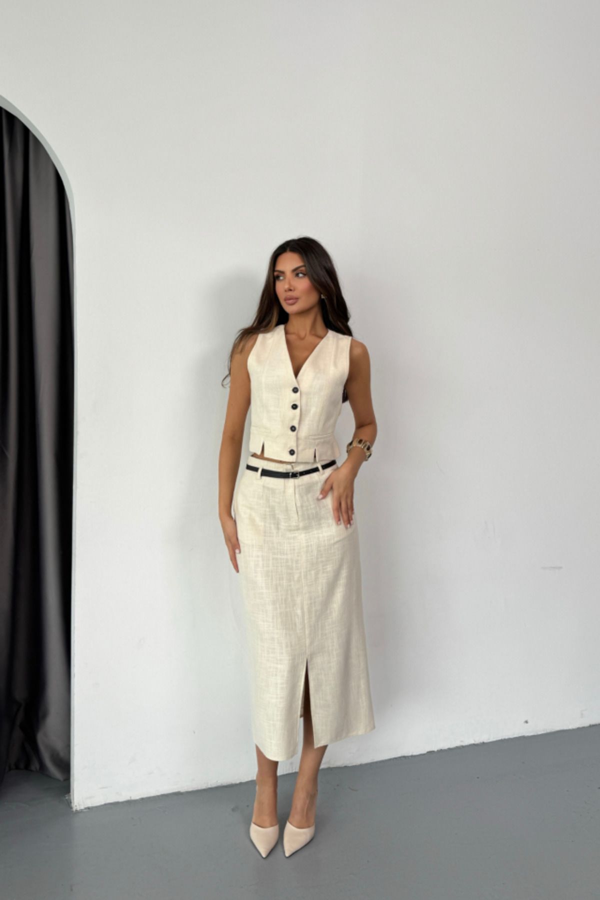 D&M Life Collection YELEK-ÖNDEN YIRTMAÇLI ETEK TK ŞANTUK KETEN - Ham - L