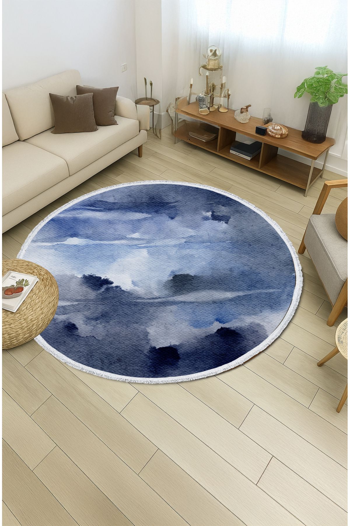 TNYLOF Mavi Suluboya Desenli Yuvarlak Halı – Modern & Sanatsal Tasarım | 60x60 – 180x180 cm