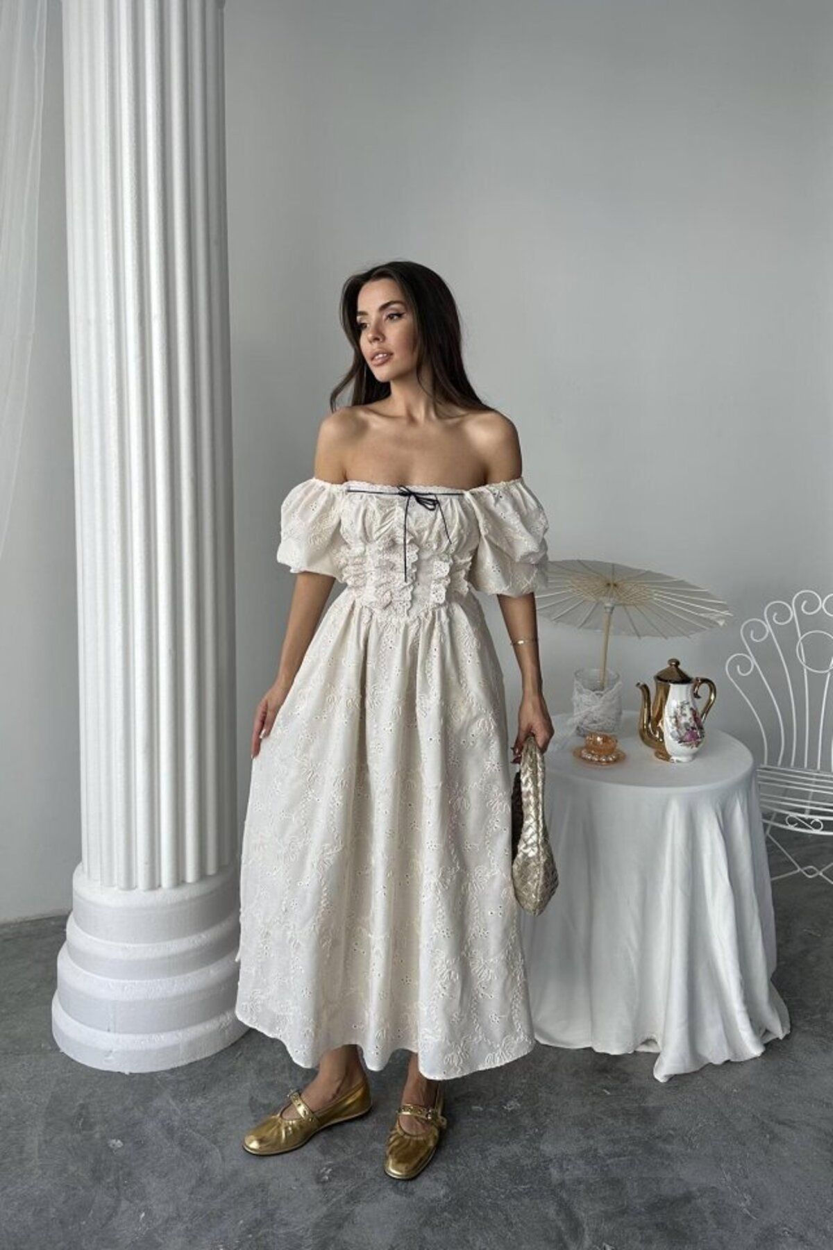 D&M Life Collection Bej Dantel Detaylı Brode Elbise - L - Bej