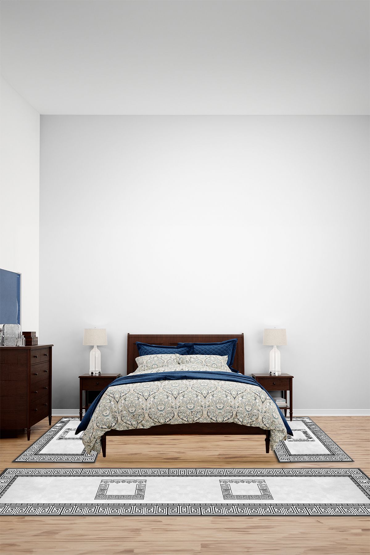 Viyana Home Dijital Kaymaz Yıkanabilir Çerçeveli Klasik Üçlü Yatak Odası Takım Halısı, YO-ÇERÇEVELİ-205-GRİ,