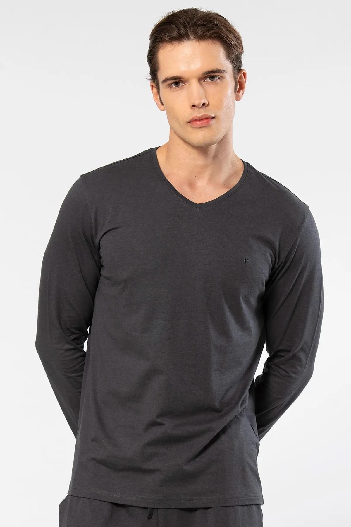 Cacharel Erkek %50 Modal, %50 Pamuk V Yaka Uzunkol T-shirt