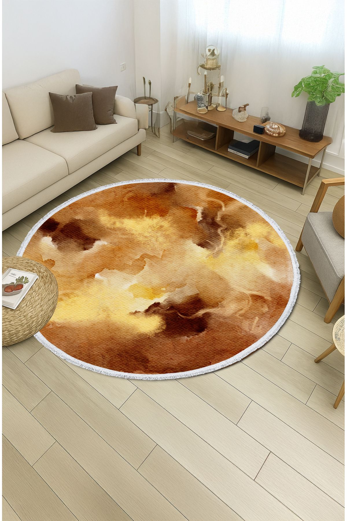 TNYLOF Yuvarlak Halı – Venüs Esintili Sarı Kahve Suluboya Desenli | Modern Dekoratif Tasarım | 60x60 cm