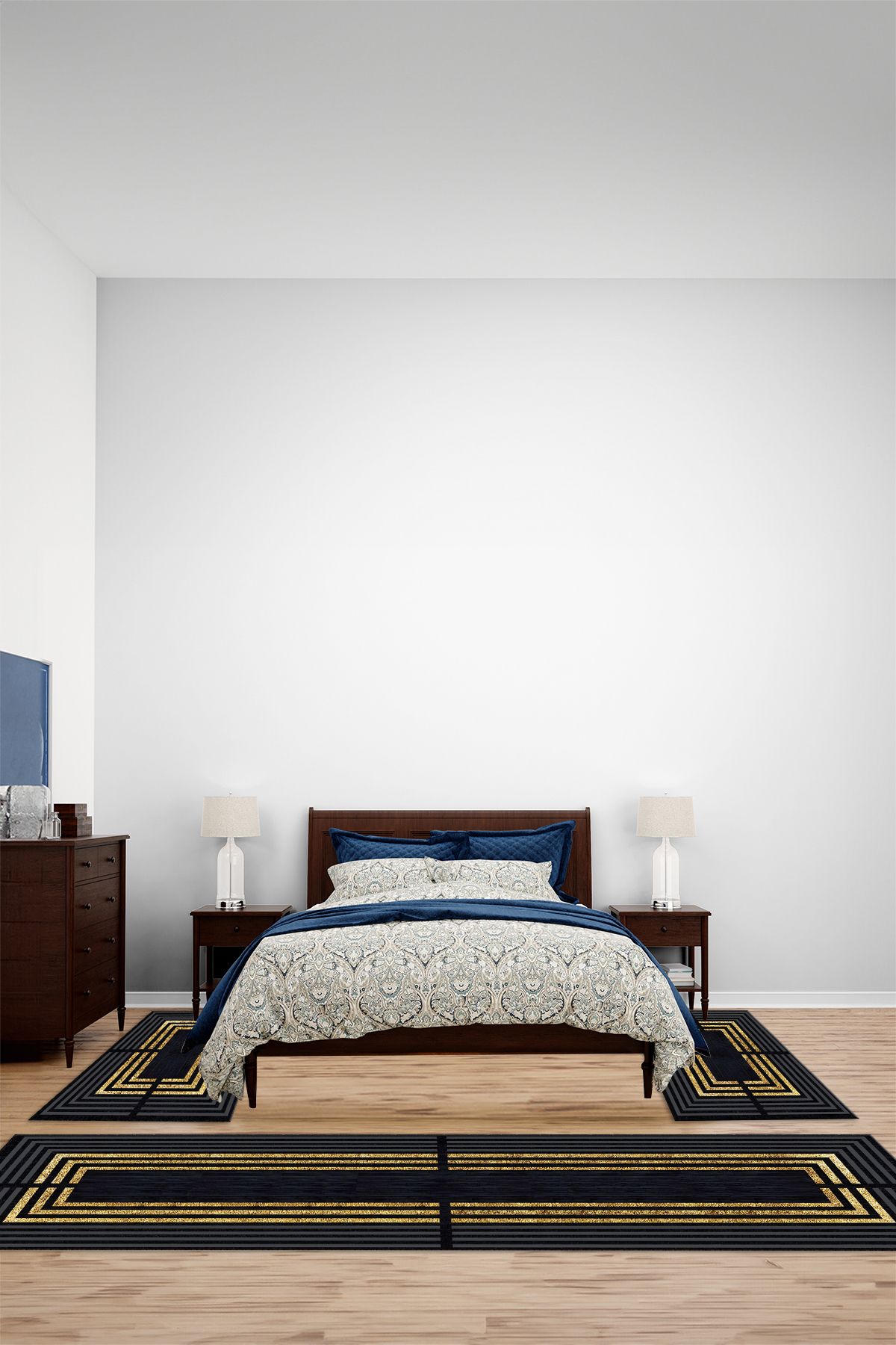 Viyana Home Dijital Kaymaz Yıkanabilir Çerçeveli Çizgi Üçlü Yatak Odası Takım Halısı, YO-ÇERÇEVELİ-167-GOLD,