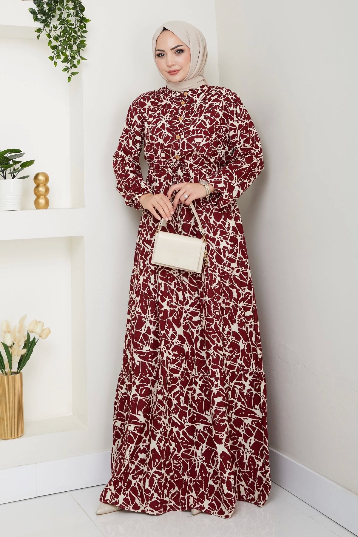 Moda MSK Fırça Desen Yarım Düğmeli Elbise Kırmızı