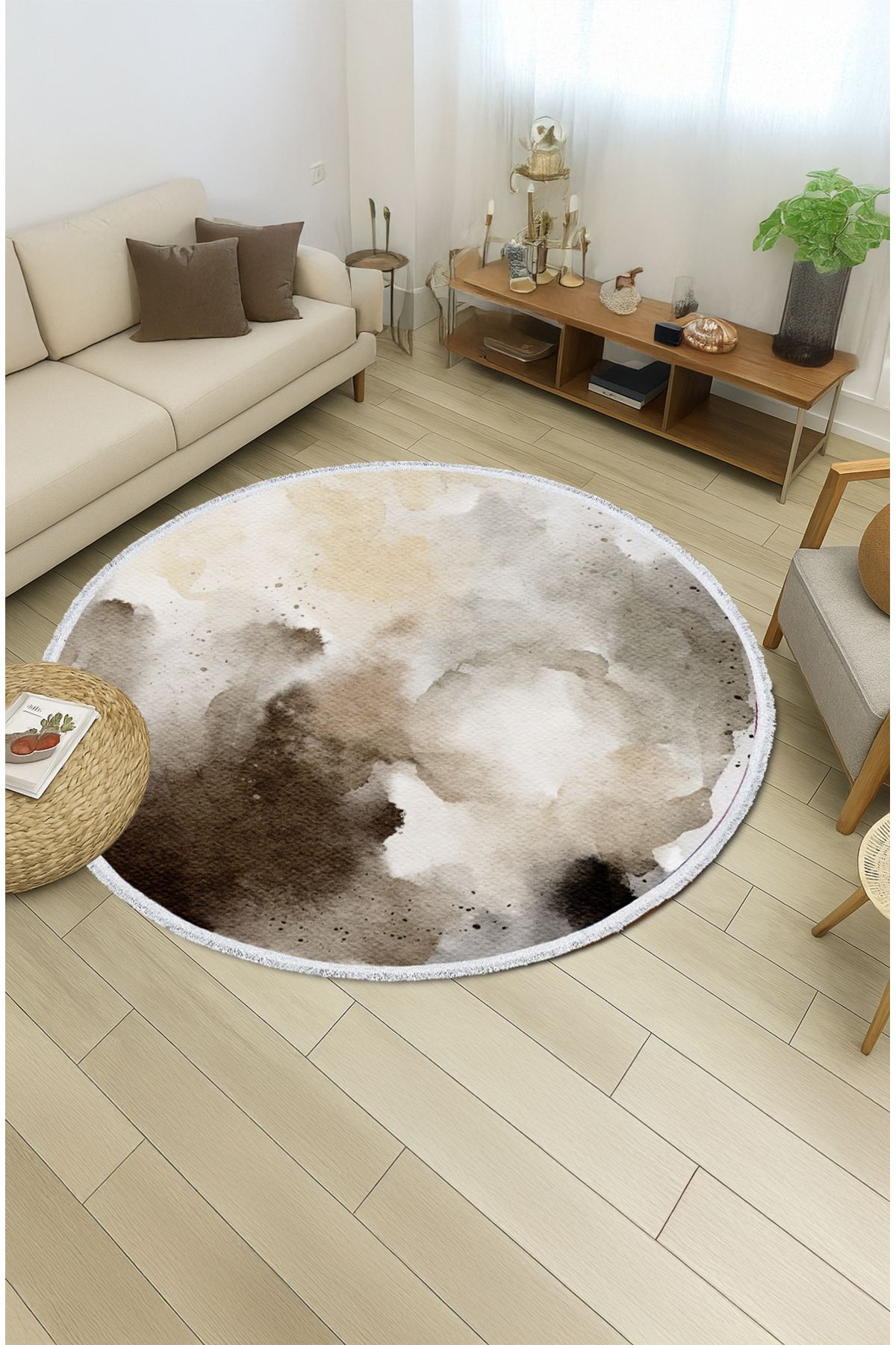 TNYLOF Kahverengi Suluboya Desenli Yuvarlak Halı – Boho & Doğal Tonlar | 60x60 – 180x180 cm