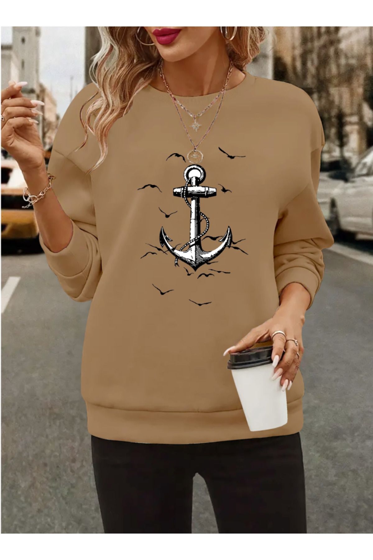D&M Life Collection Kadın Uzun Kollu Bisiklet Yaka Desenli Viskon Iki Iplik Bluz - 2XL-3XL - Bej
