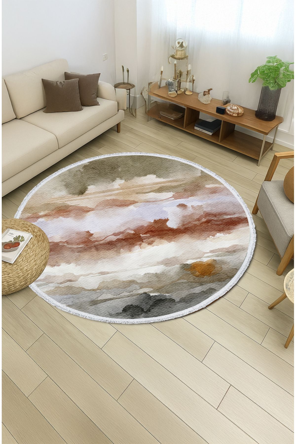 TNYLOF Toprak Tonlarında Suluboya Desenli Yuvarlak Halı – Sıcak ve Doğal Stil | 60x60 – 180x180 cm