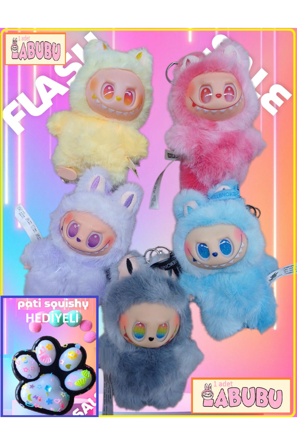 OYUNCAKSAHİLİ Labubu Canavar 1 adet Peluş Love Happines Hope Serenity Loyalty Luck + Squishy sukuşi hediyeli