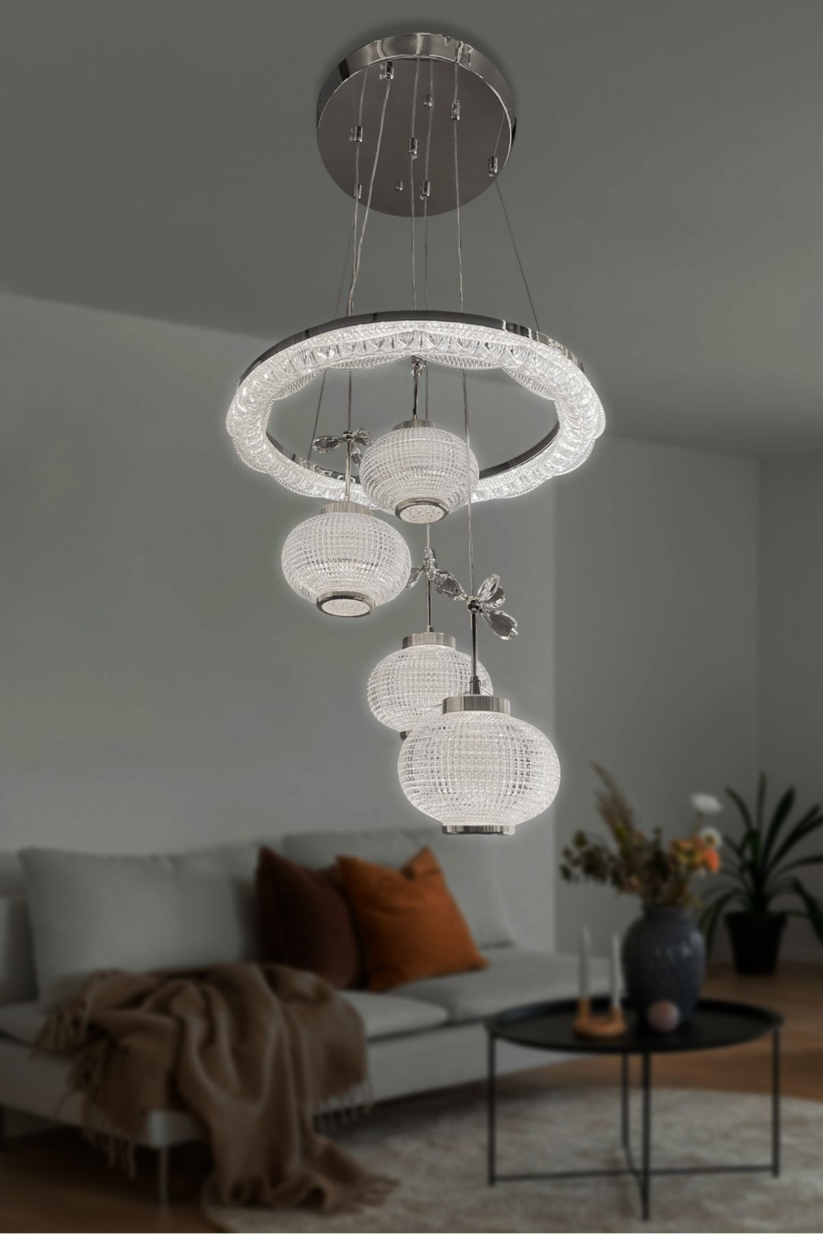 RSCOLLECTIONS Kristal Küre 4 lü Modern Sarkıt Led Avize