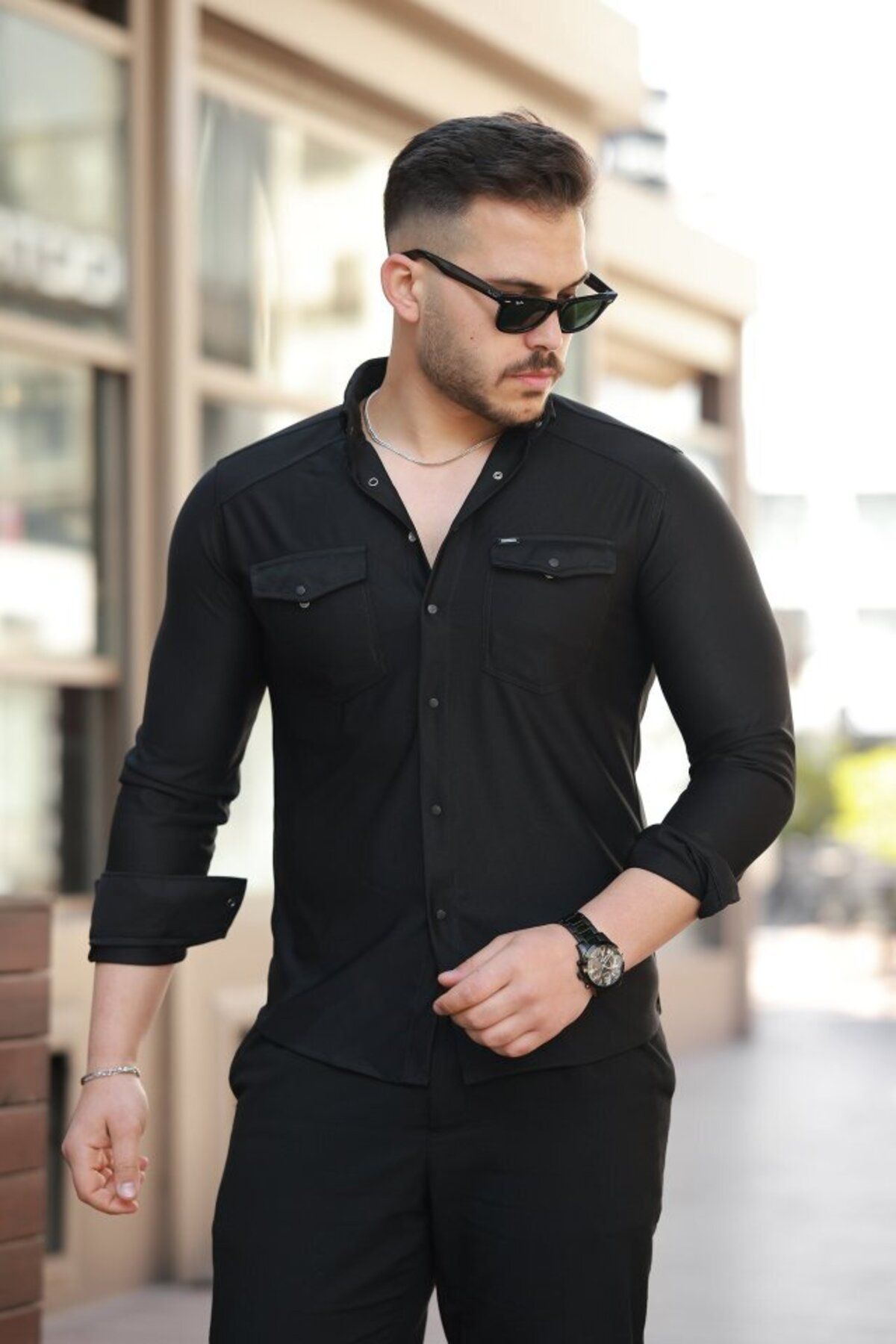 D&M Life Collection Erkek çift Cepli çıtçıt Düğmeli Uzun Kollu Gömlek