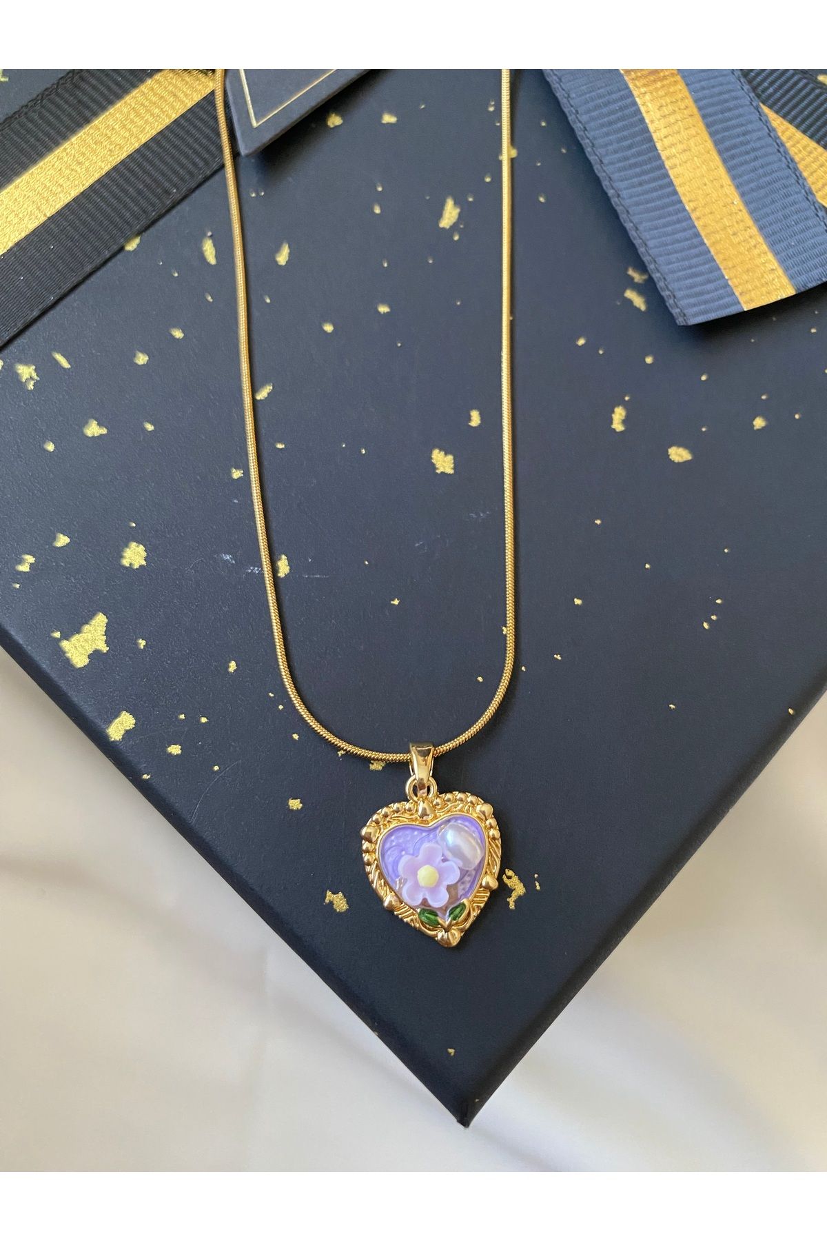 asem jewelry KALPLİ MOR ÇİÇEK VE İNCİ DETAYLI VİNTAGE ÇELİK KOLYE