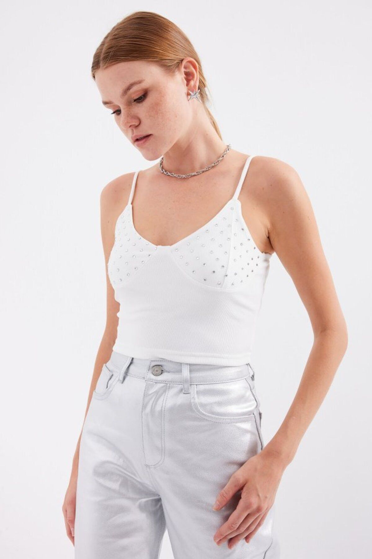 D&M Life Collection 918 İp Askılı Crop Top - Beyaz - 38