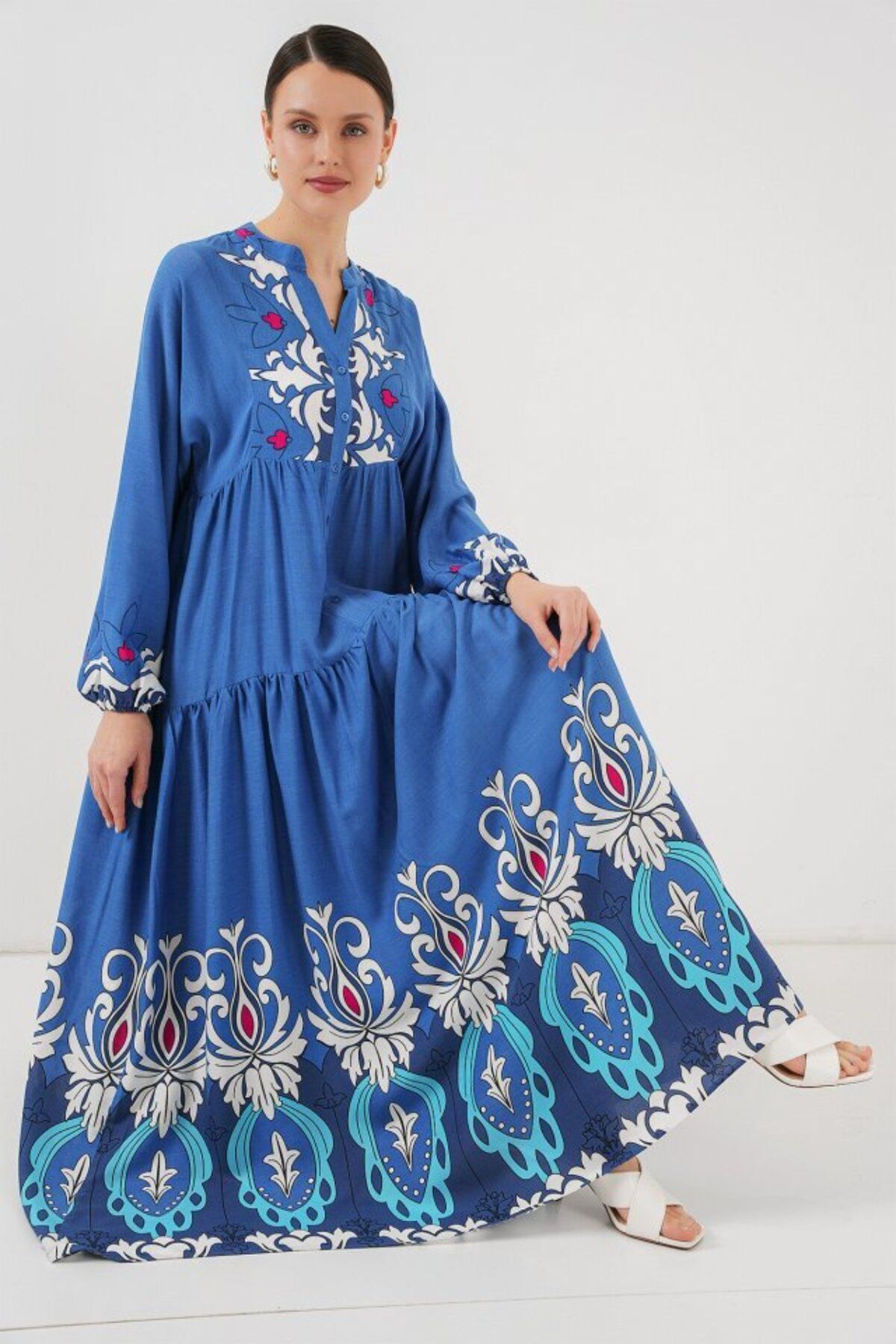 D&M Life Collection 2423 Otantik Desenli Tesettür Elbise - F. İndigo - 42