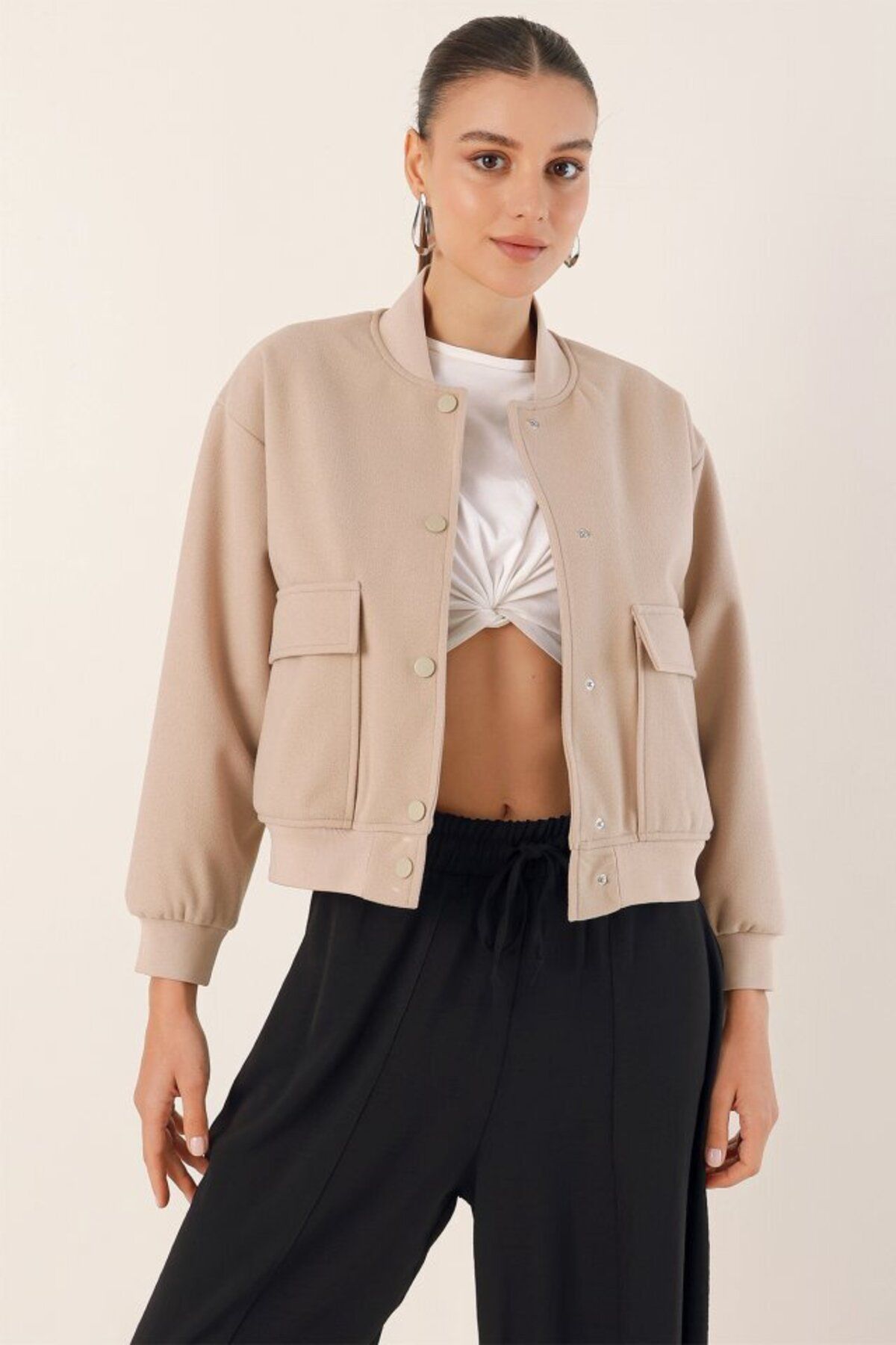 D&M Life Collection 0688 Çift Cepli Bomber Ceket - Bej