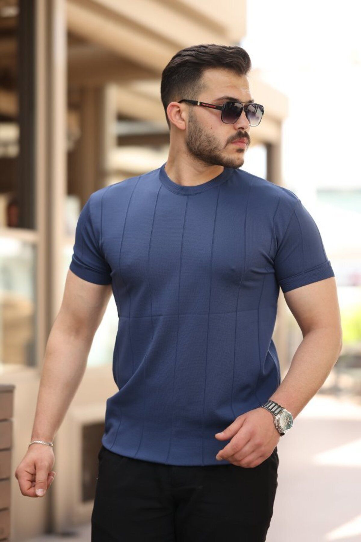 D&M Life Collection Erkek Ince çizgi Dokulu Bisiklet Yaka Kısa Kollu T-shirt