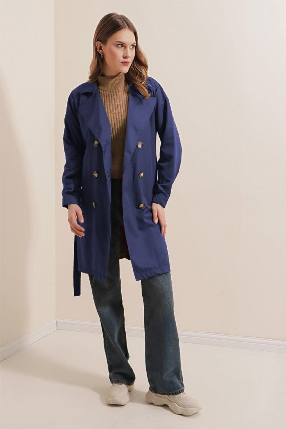 D&M Life Collection 5864 Kruvaze Yaka Kısa Trençkot - Lacivert