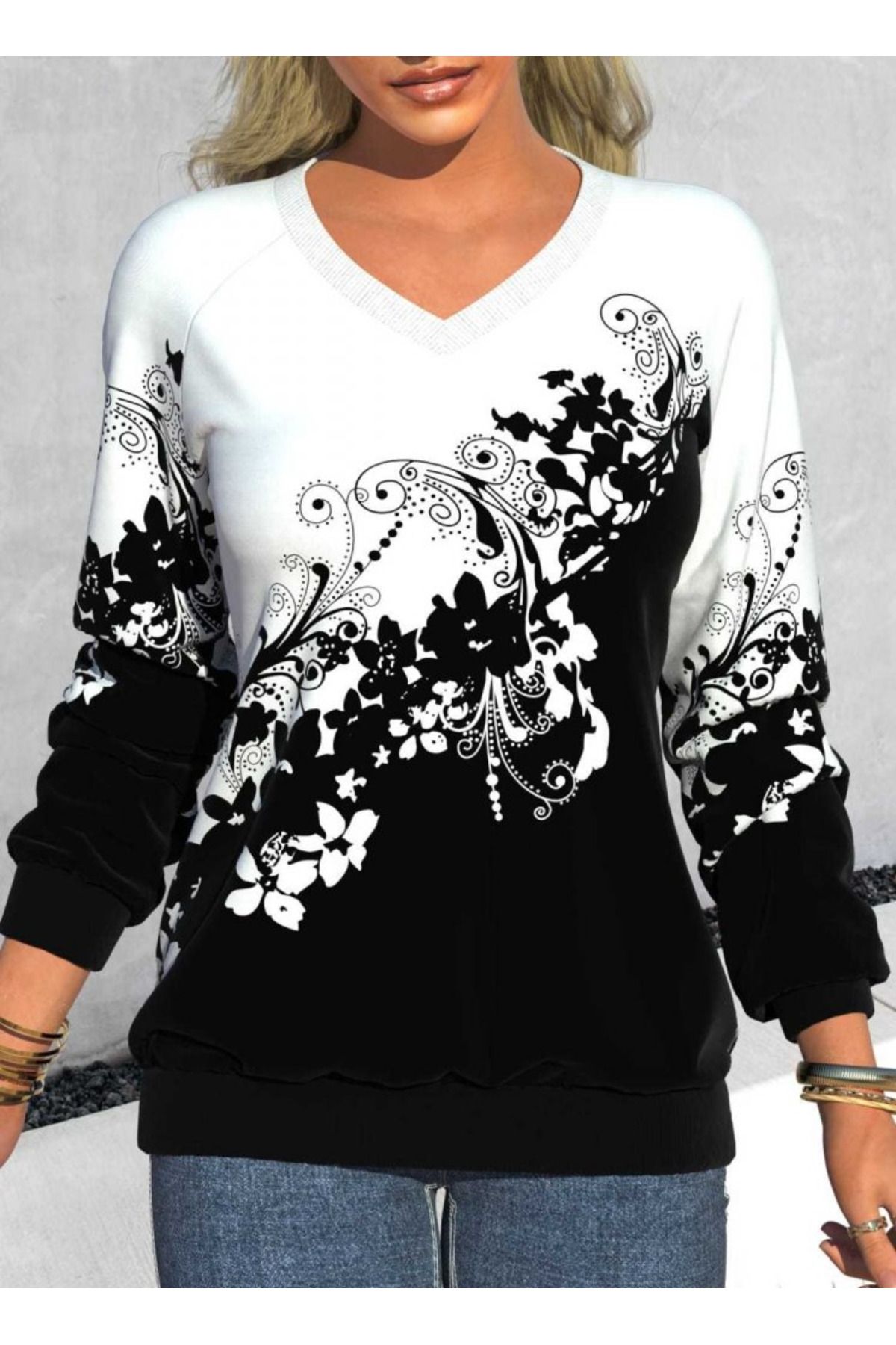 D&M Life Collection Kadın Uzun Kollu V Yakalı çiçek Baskılı şardonlu Dalgıç Bluz