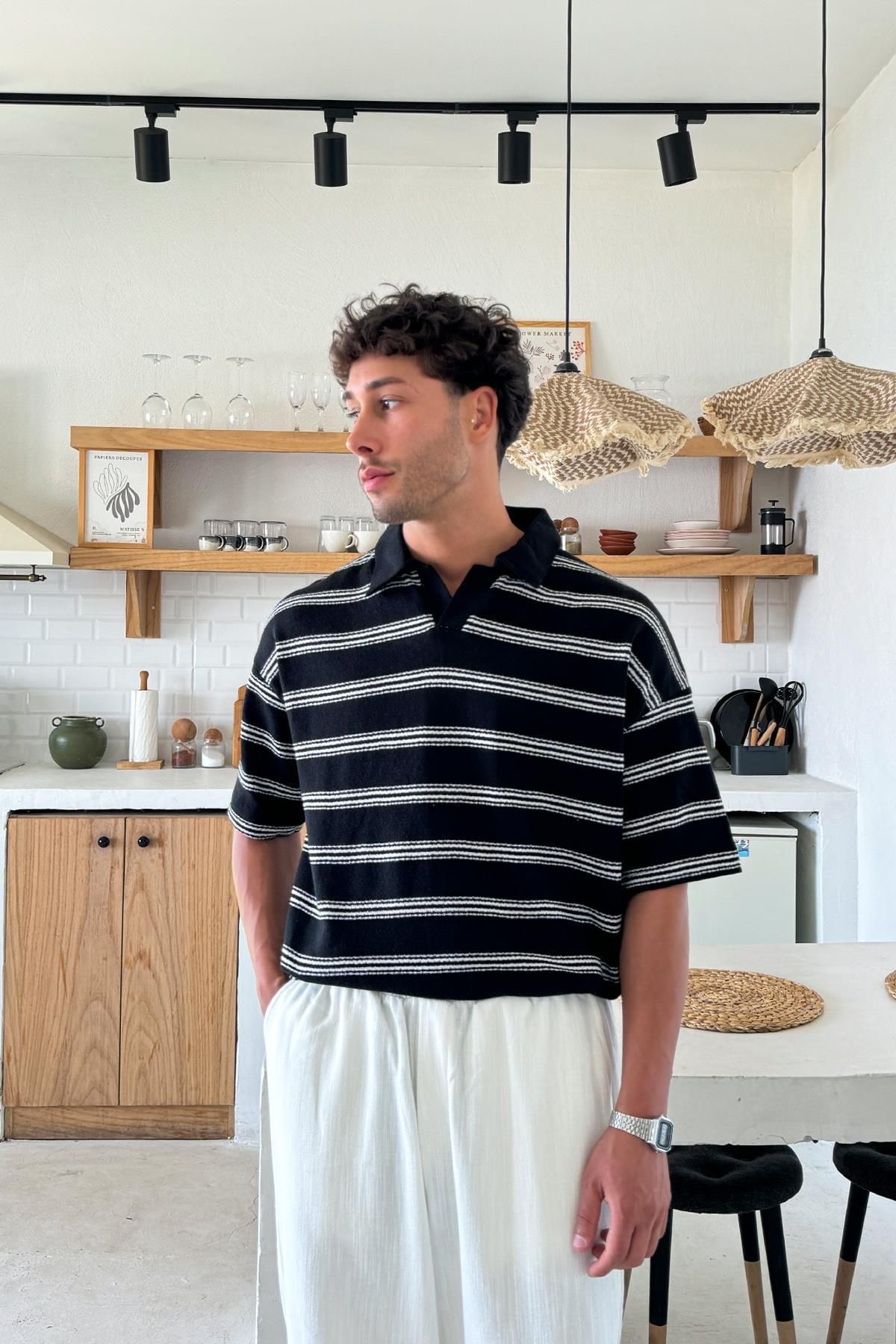 Flaw Wear Siyah Polo Yaka Çizgili Triko Tişört